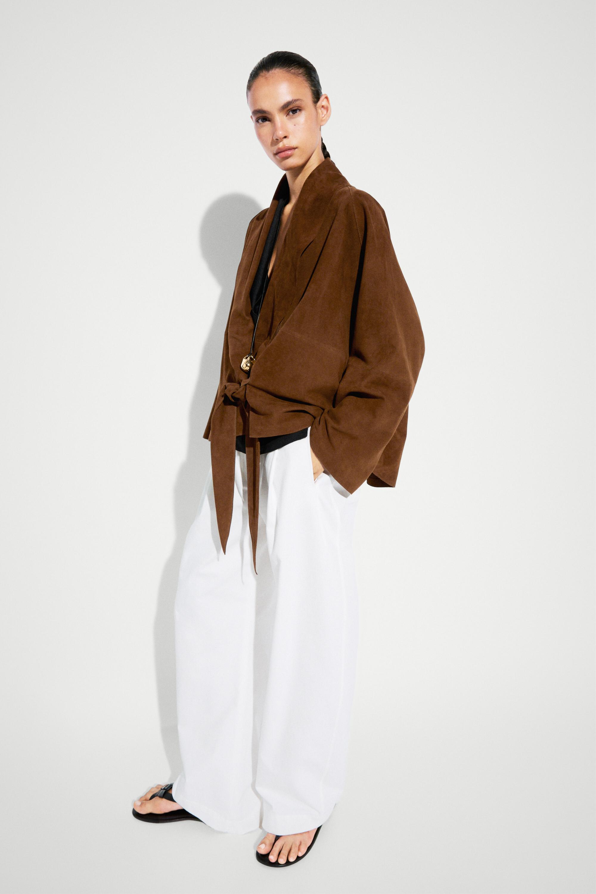 Suede leather wrap kimono — BROWN
