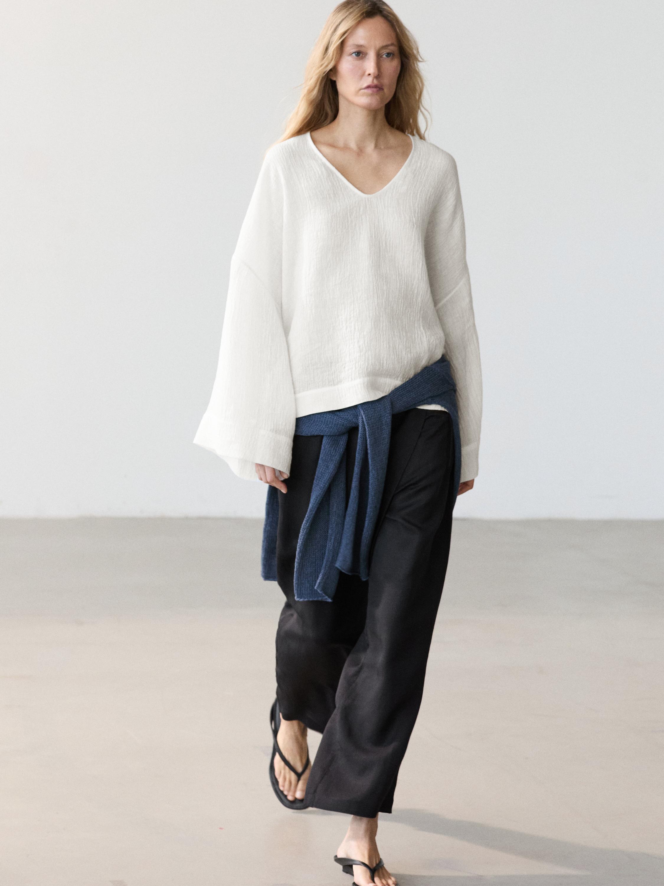 Flowing linen blend trousers — BLACK