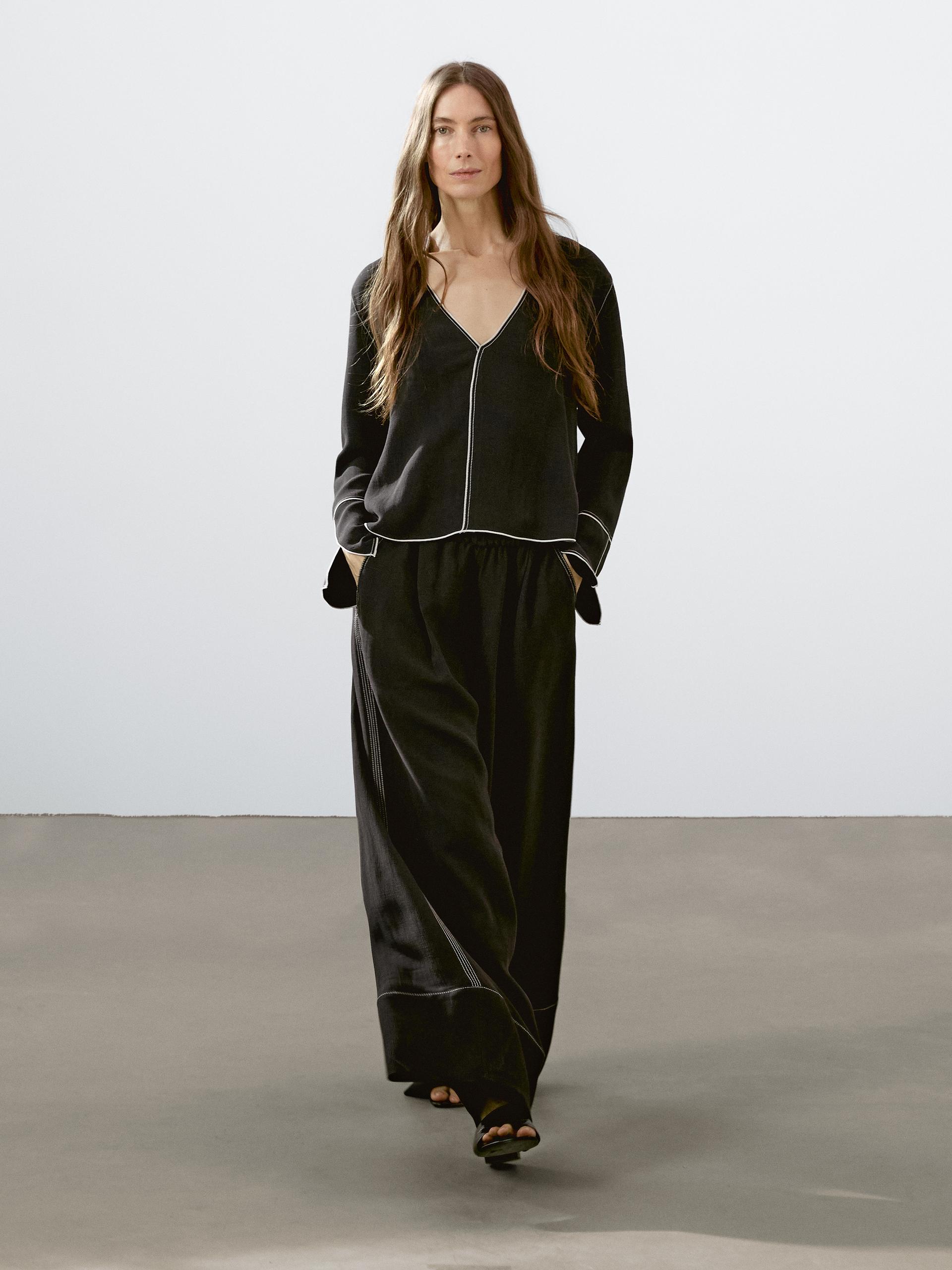 Chemisier Fluide À Surpiqûres Contrastantes - Noir - Xs - Massimo Dutti - Femme
