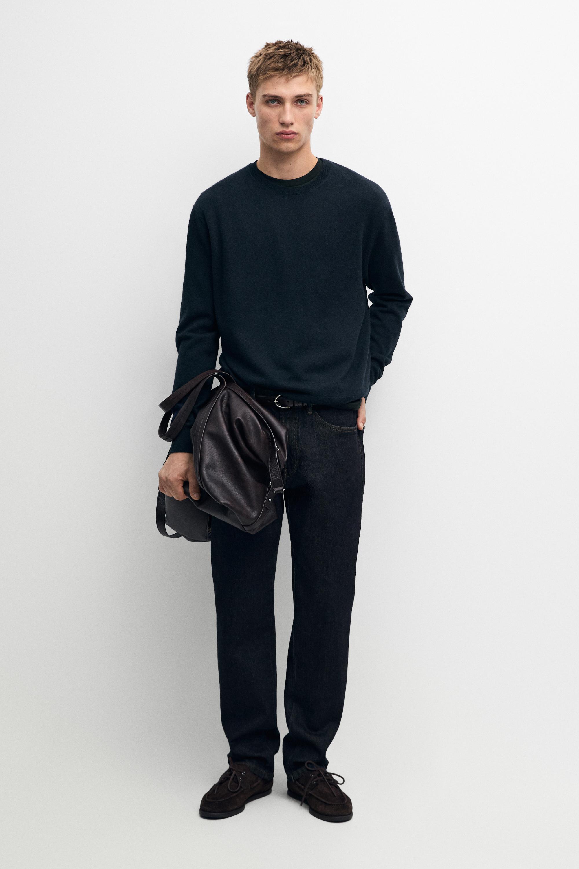 100% cashmere ribbed knit sweater — NAVY BLUE