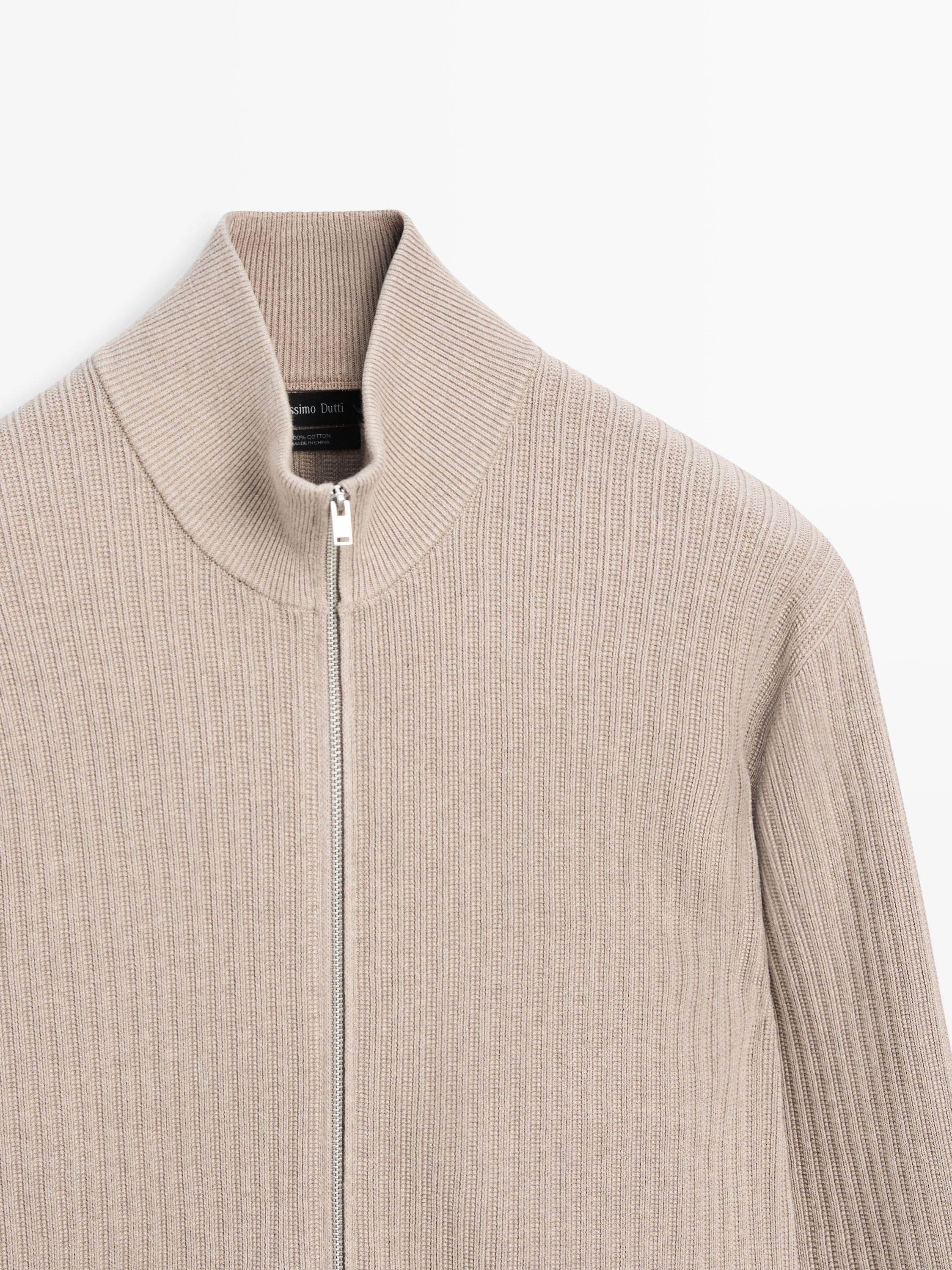 Cotton zip-up knit cardigan — MINK
