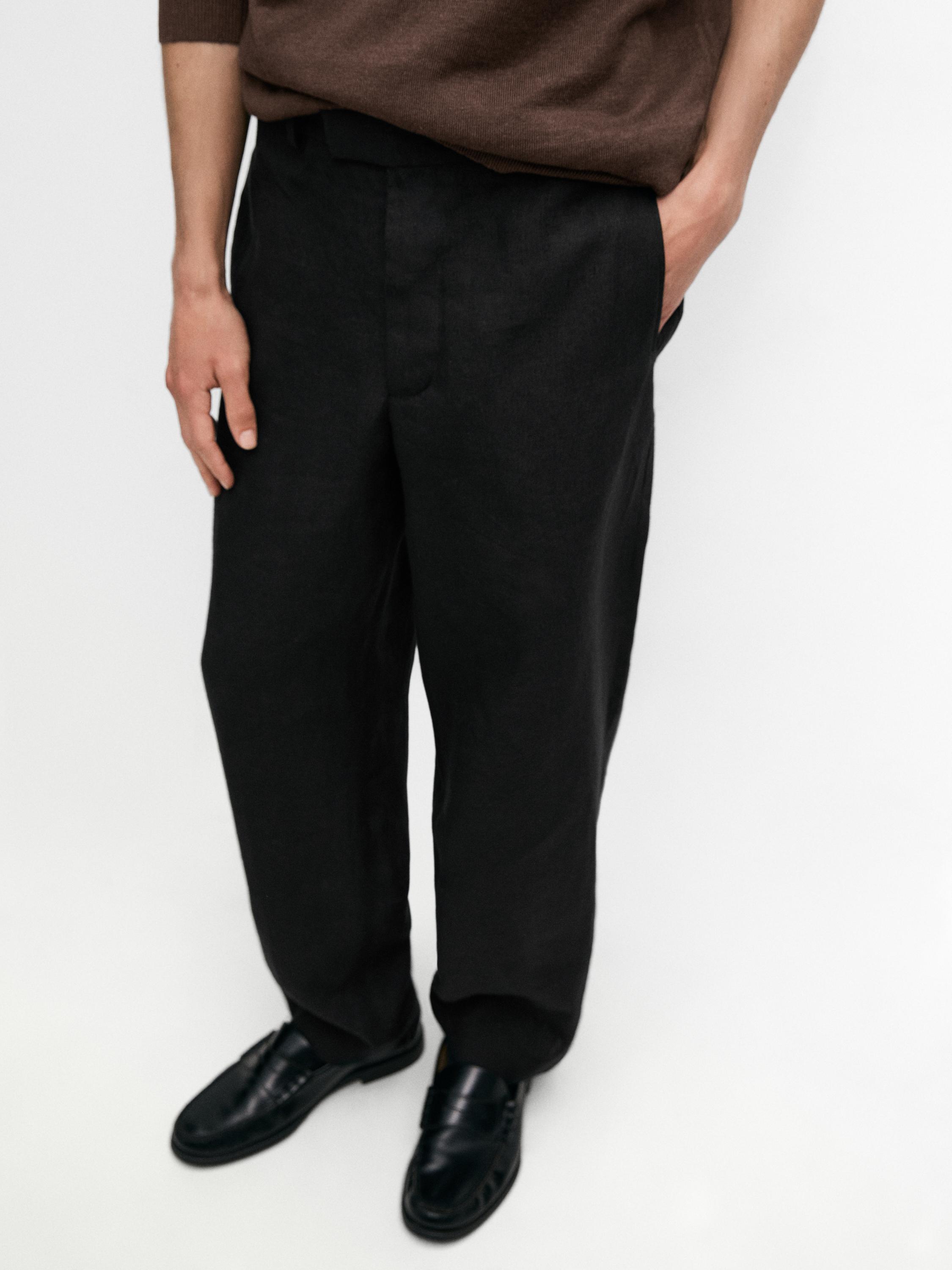 Linen tailored fit barrel trousers — BLACK