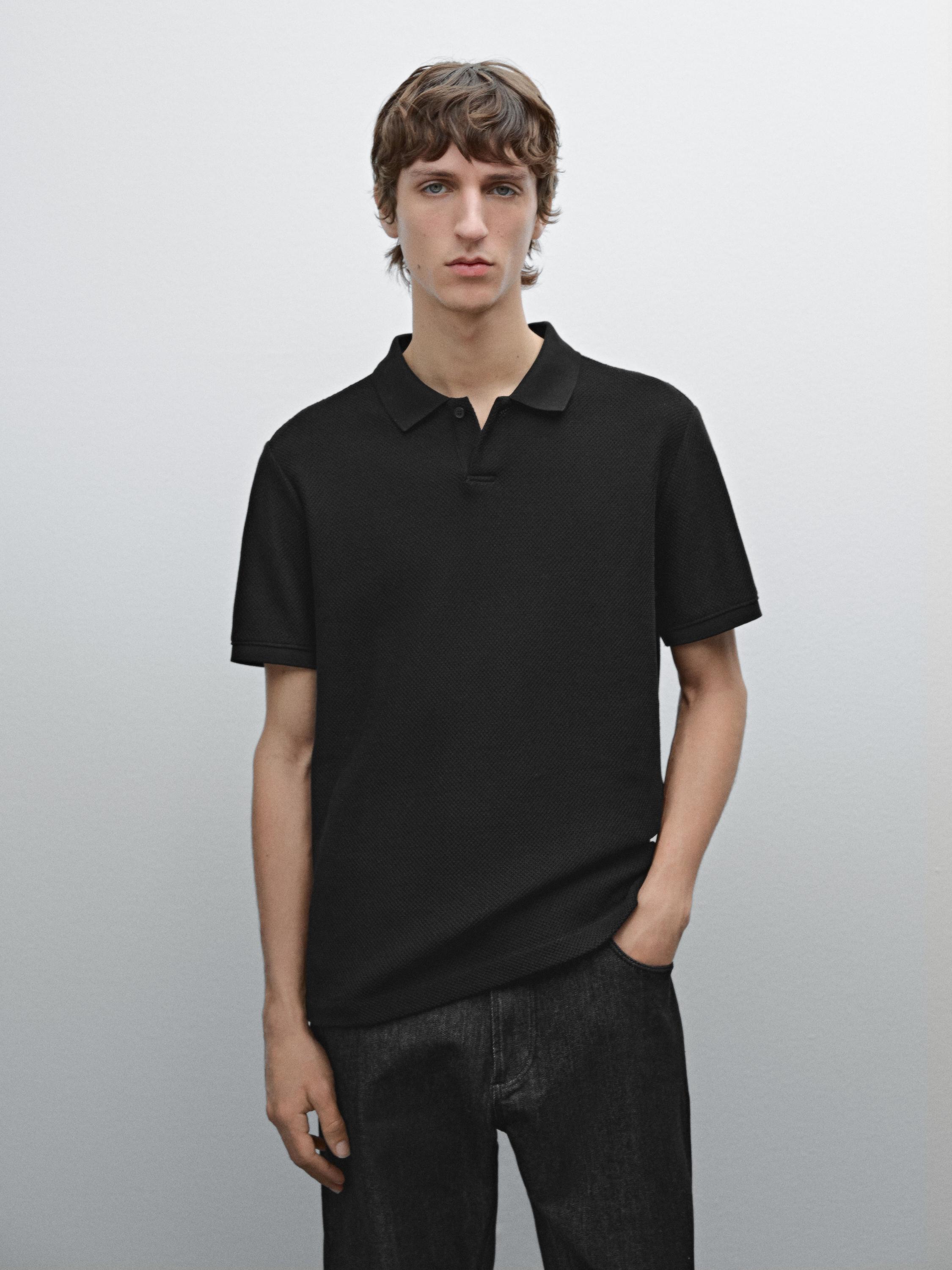 Textured V-neck cotton polo shirt