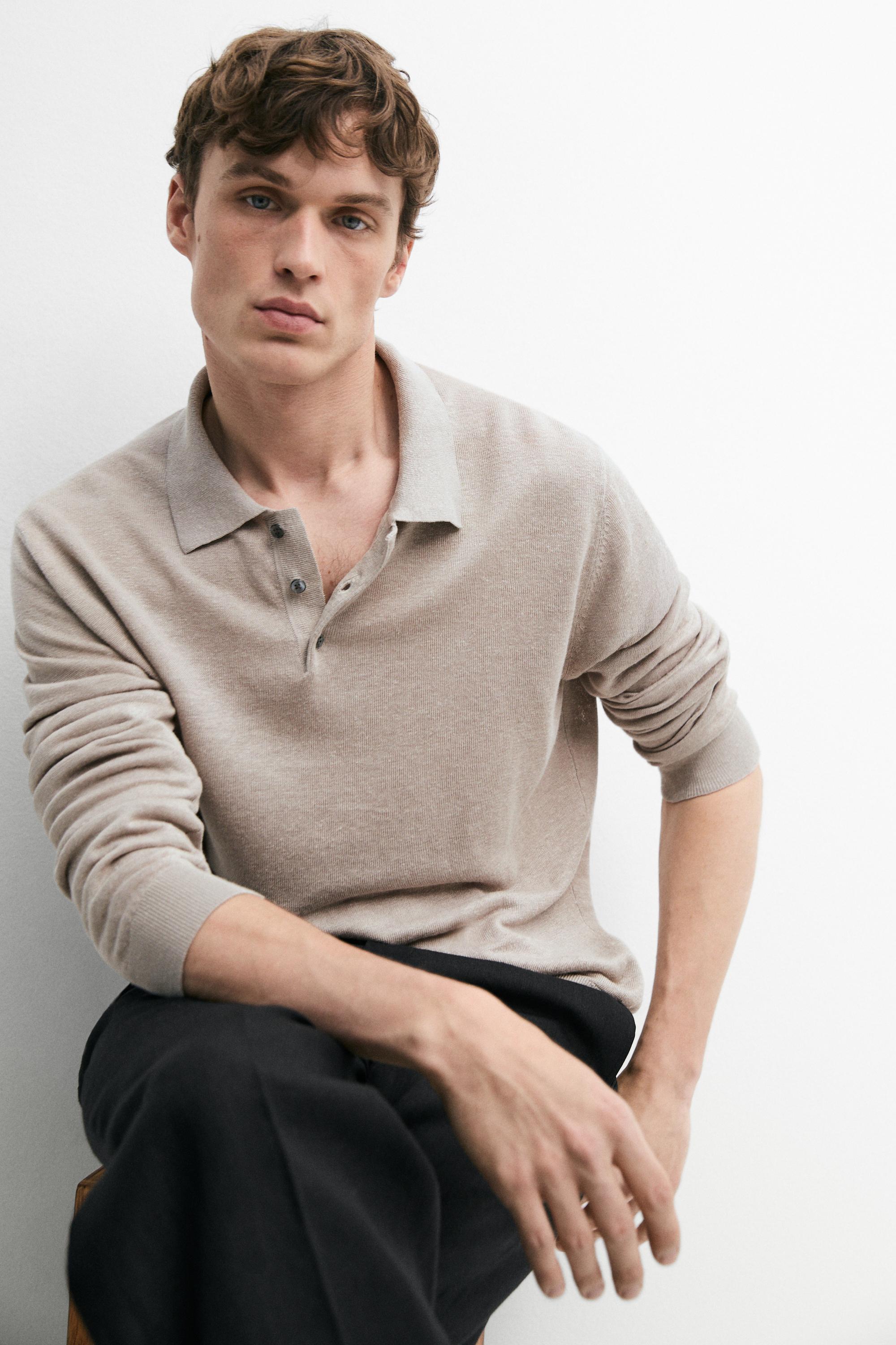 100% linen knit polo collar sweater — STONE