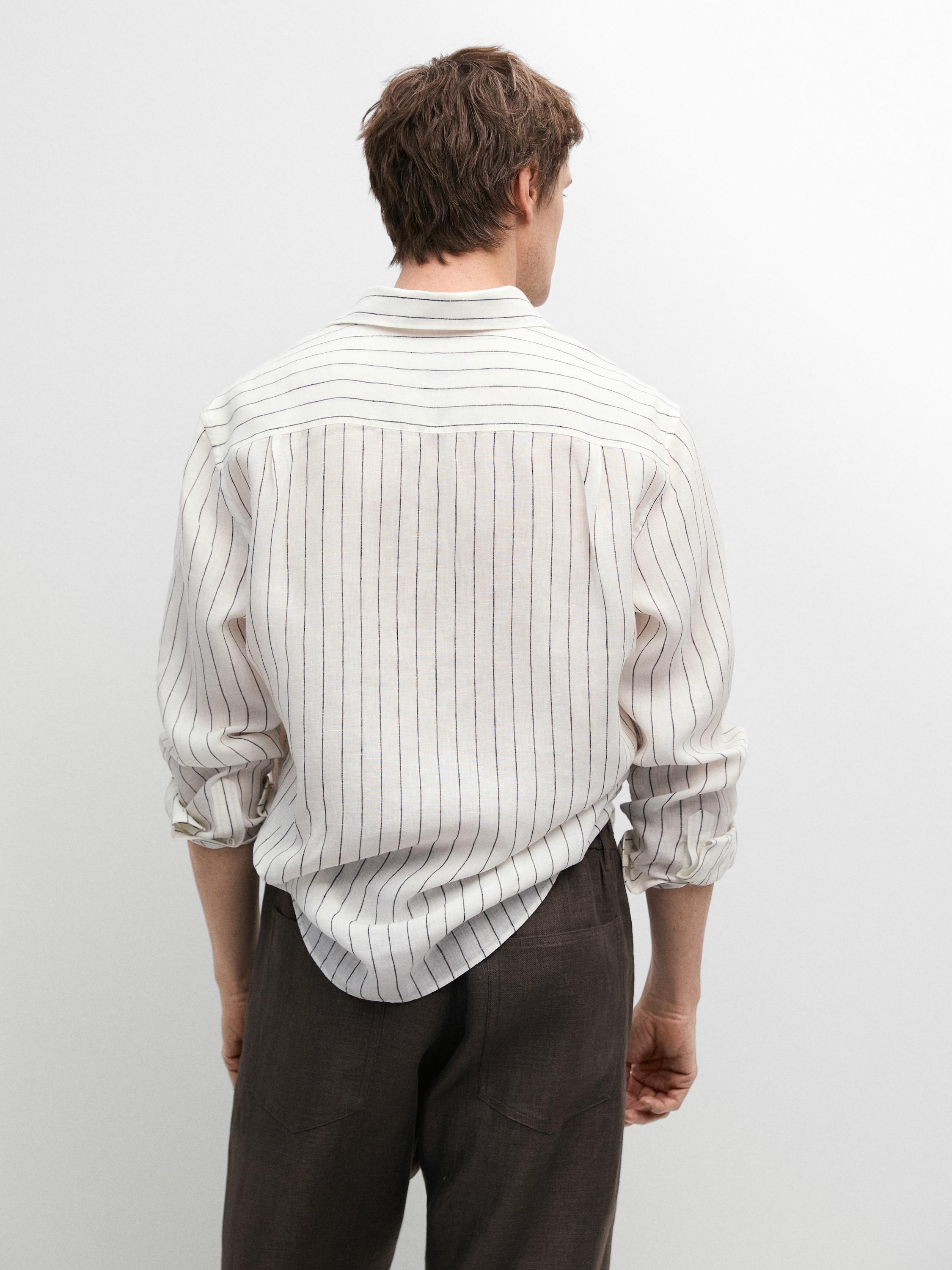 100% linen slim fit striped shirt — Off white