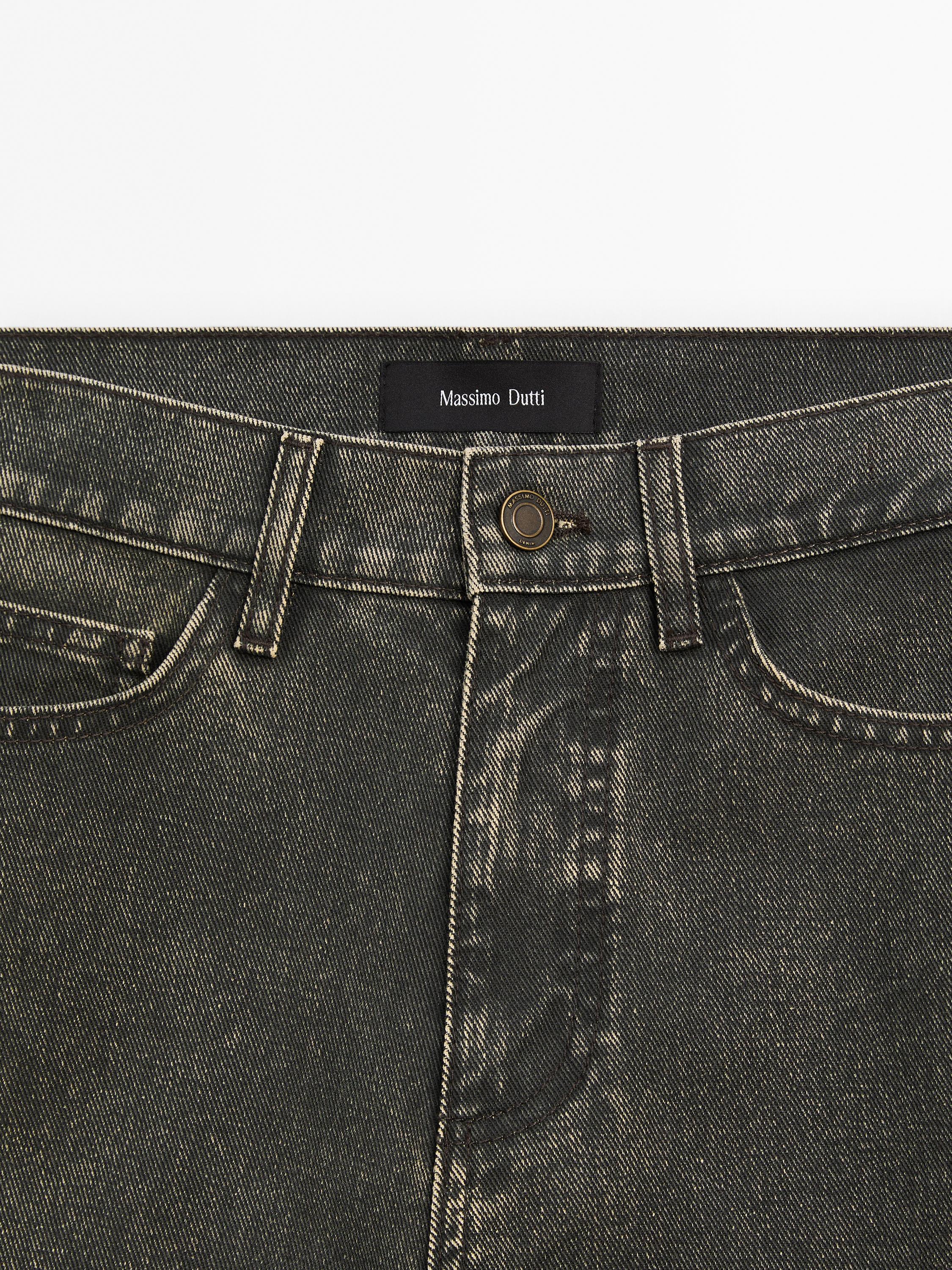 Wide-leg coated denim look cotton trousers