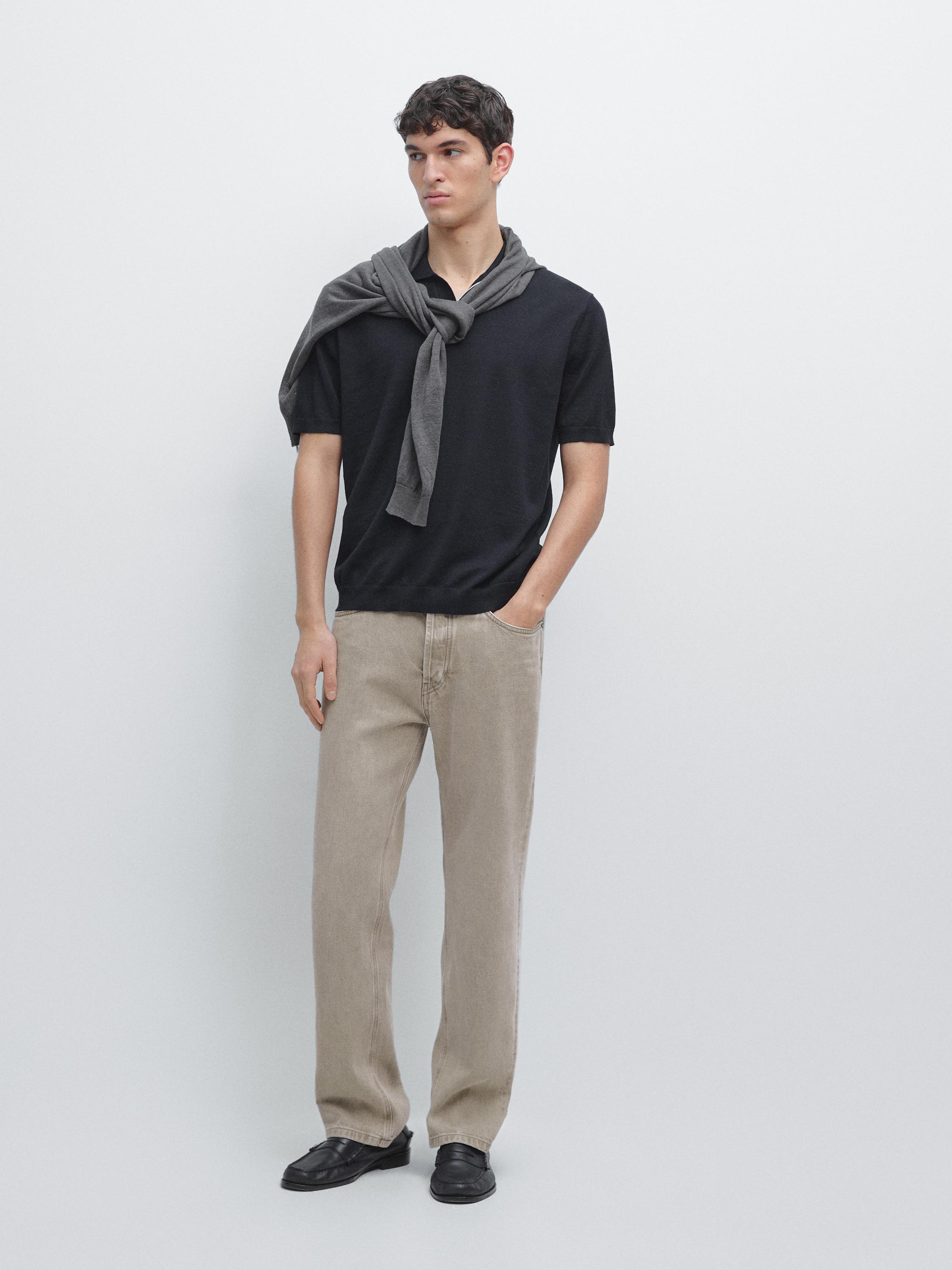 Short sleeve cotton and linen blend knit polo shirt