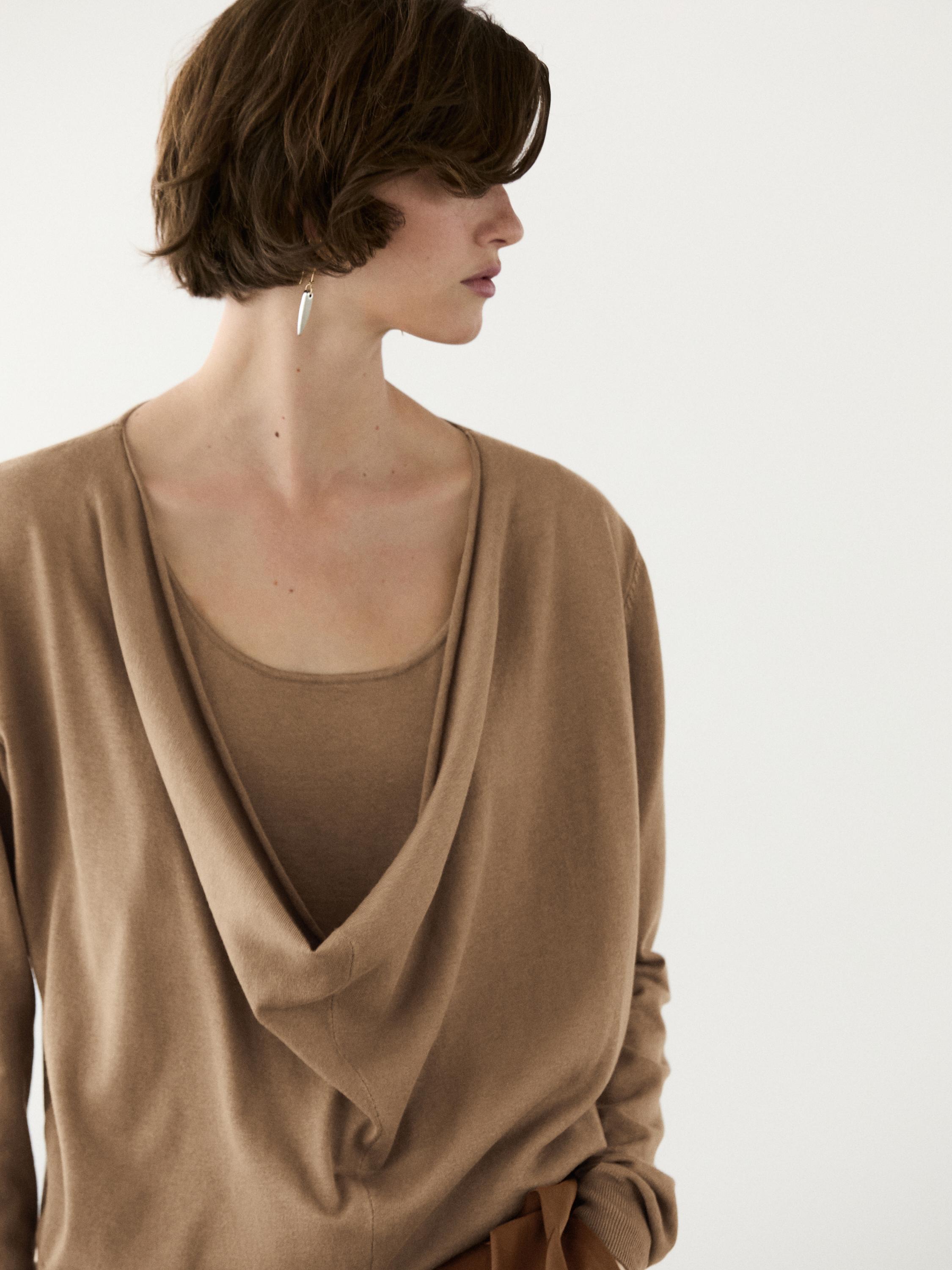 Draped neckline cotton sweater — CAMEL