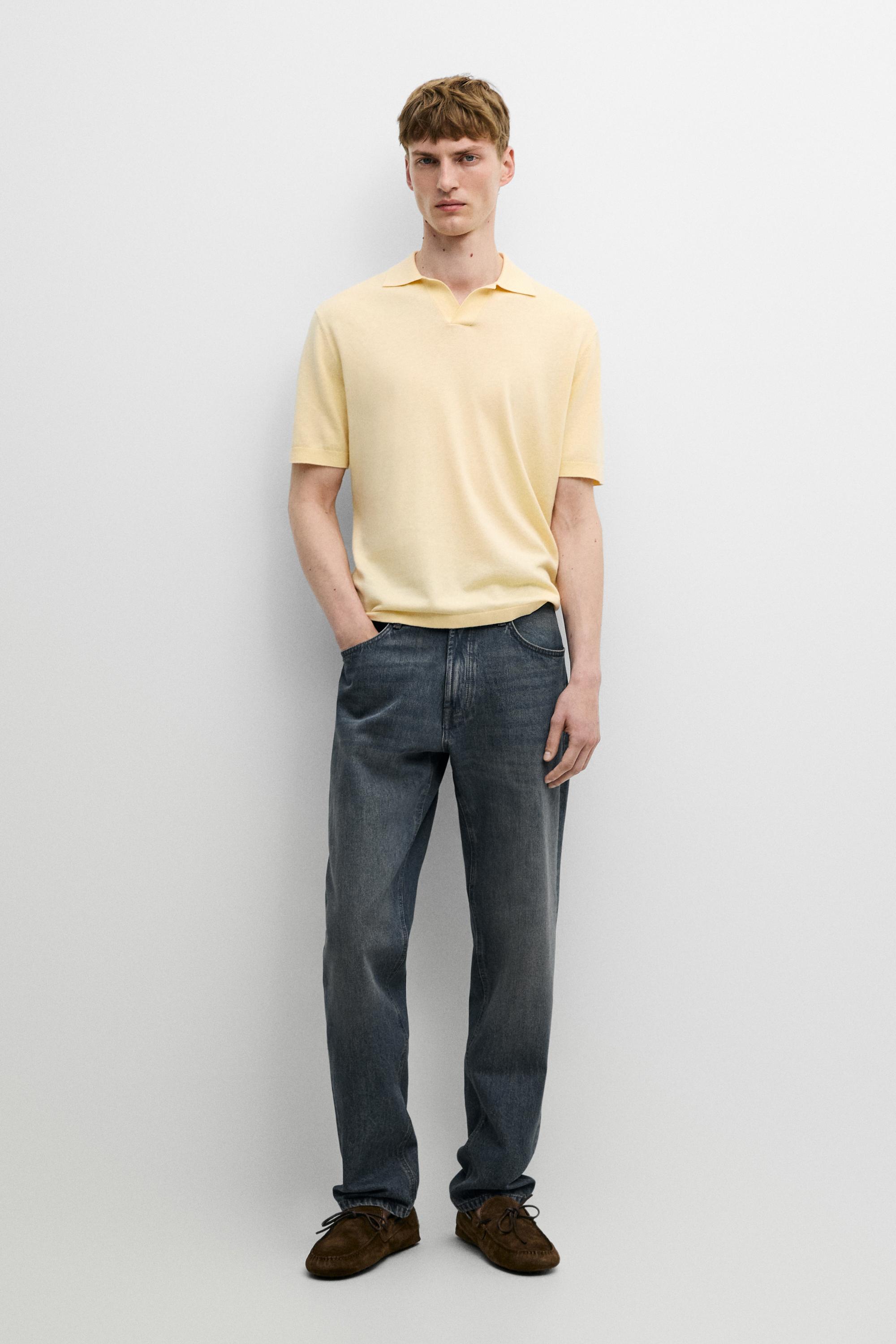 Cotton and linen knit polo sweater — Yellow