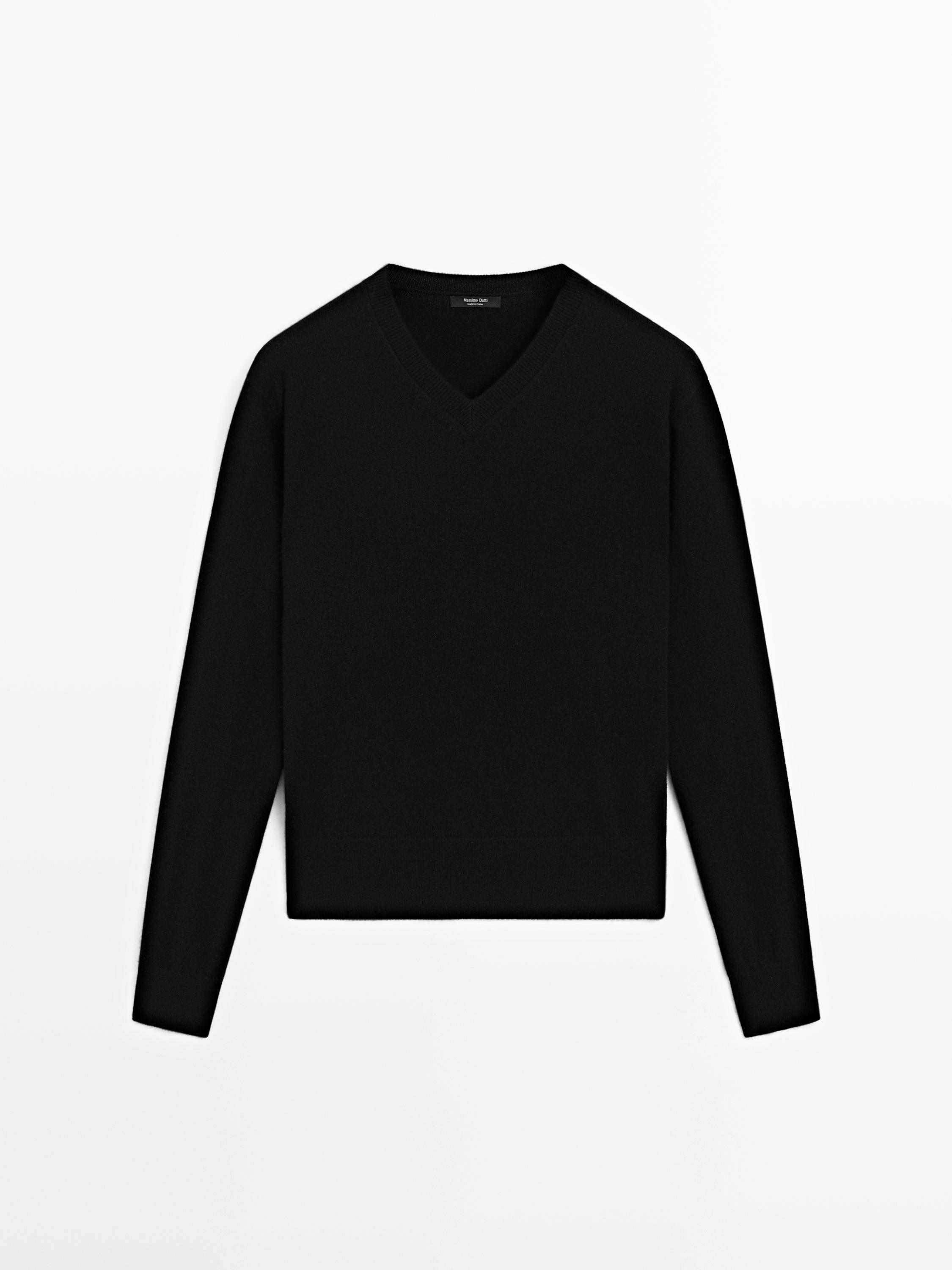 Wool blend knit V-neck sweater — BLACK