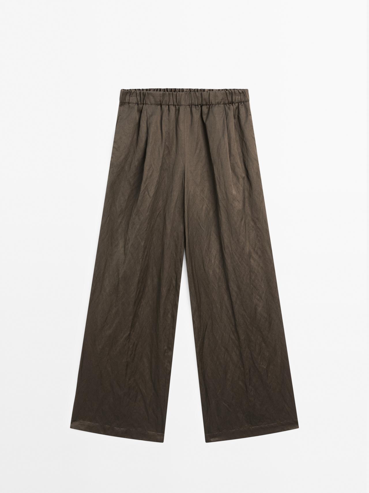 Massimo Dutti - Dame - Satinbukser Med Brede Ben Og Krøllet Effekt - Chokolade - 36