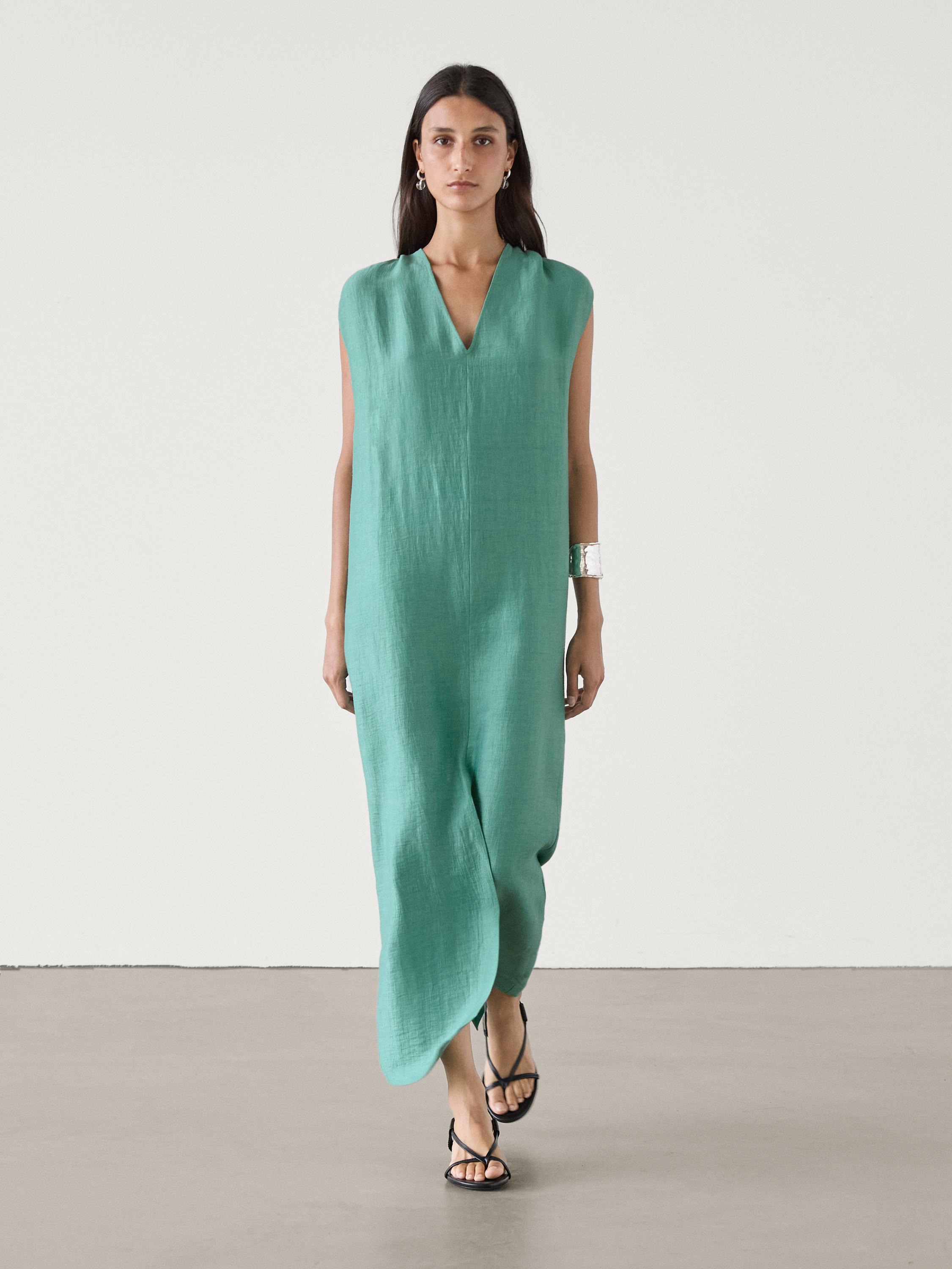 Linen blend dress with shoulder detail Turquoise Smart Dresses And Jumpsuits Massimo Dutti