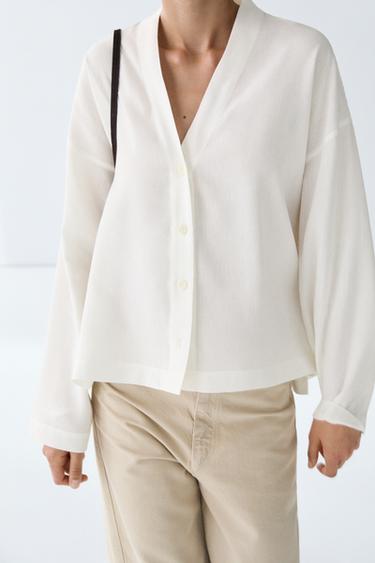 Flowing linen-blend V-neck shirt — WHITE 5