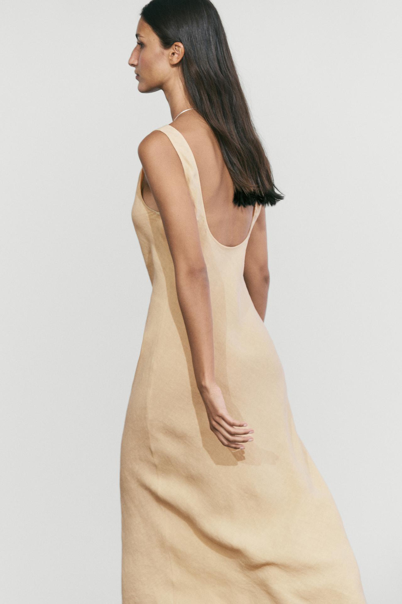 100% linen midi dress with round neck — BLUSH-BEIGE