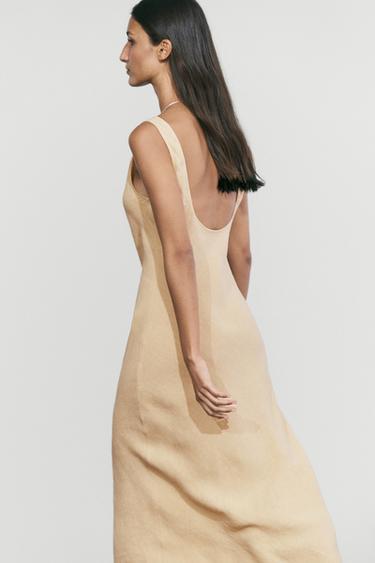 100% linen midi dress with round neck — BLUSH-BEIGE 8