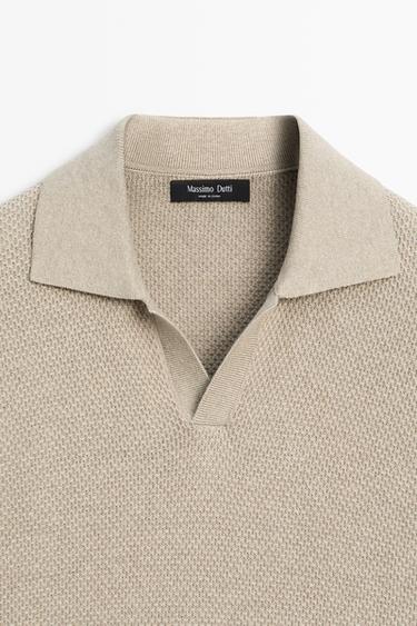 Cotton blend knit V-neck polo shirt — Washed 9