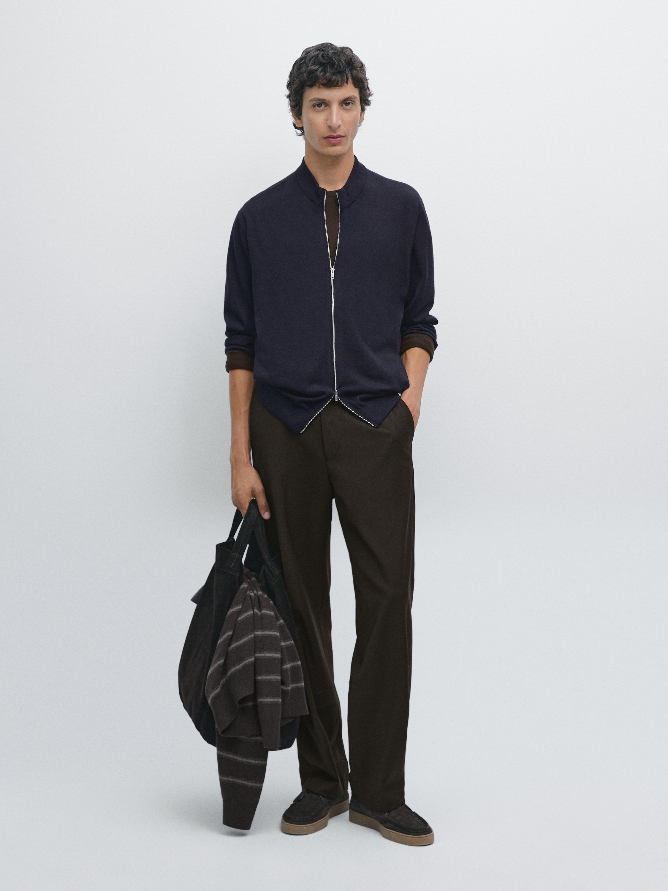 100% merino wool zip-up knit cardigan