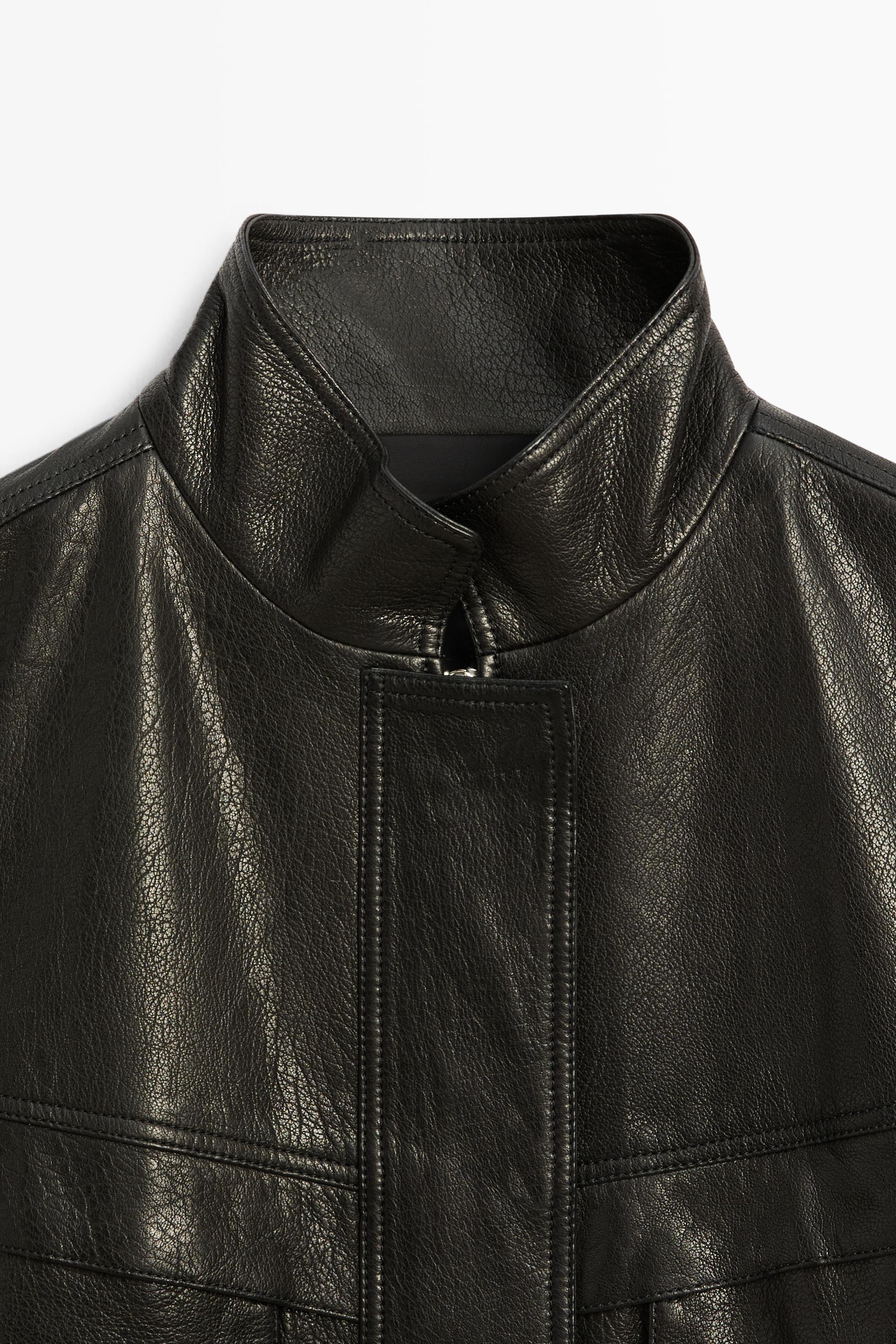 Cropped stand-collar nappa leather jacket — BLACK