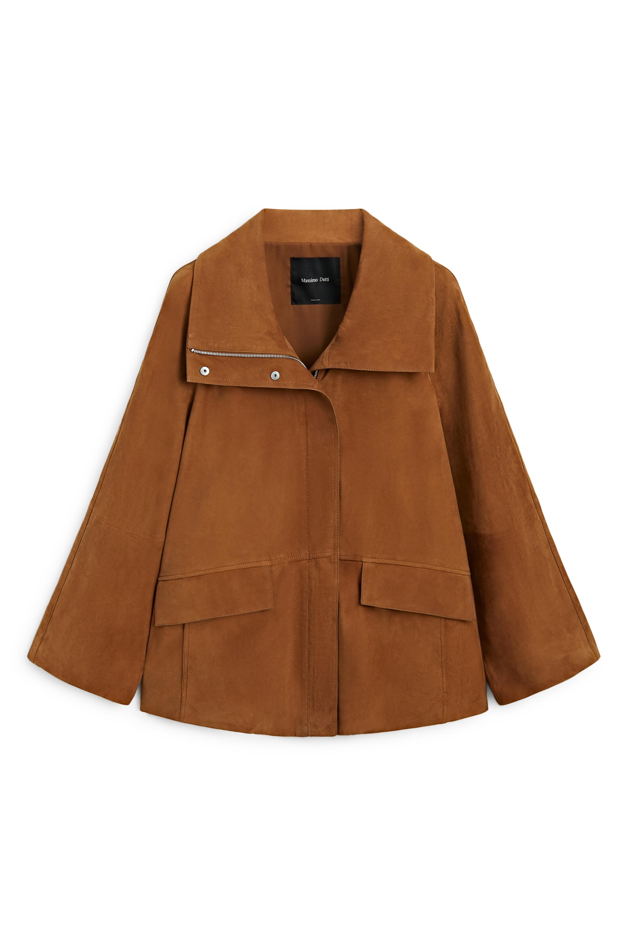 Nubuck leather high collar coat — COPPER