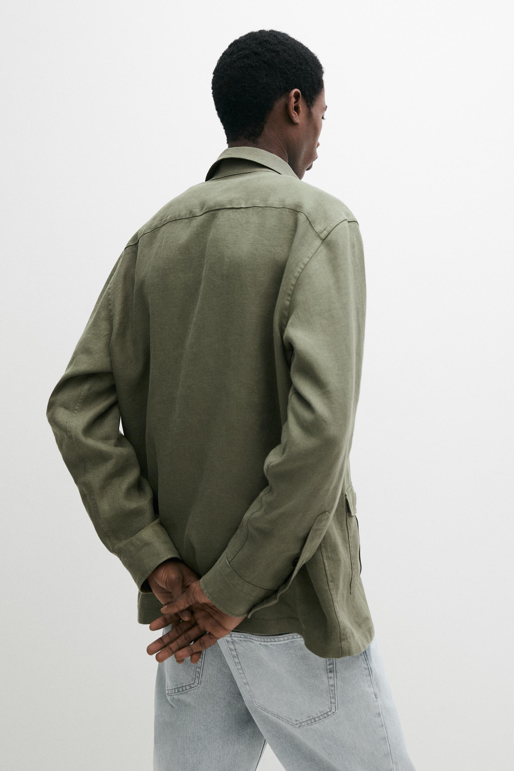 Heavy linen overshirt with pocket details — DARK GREEN