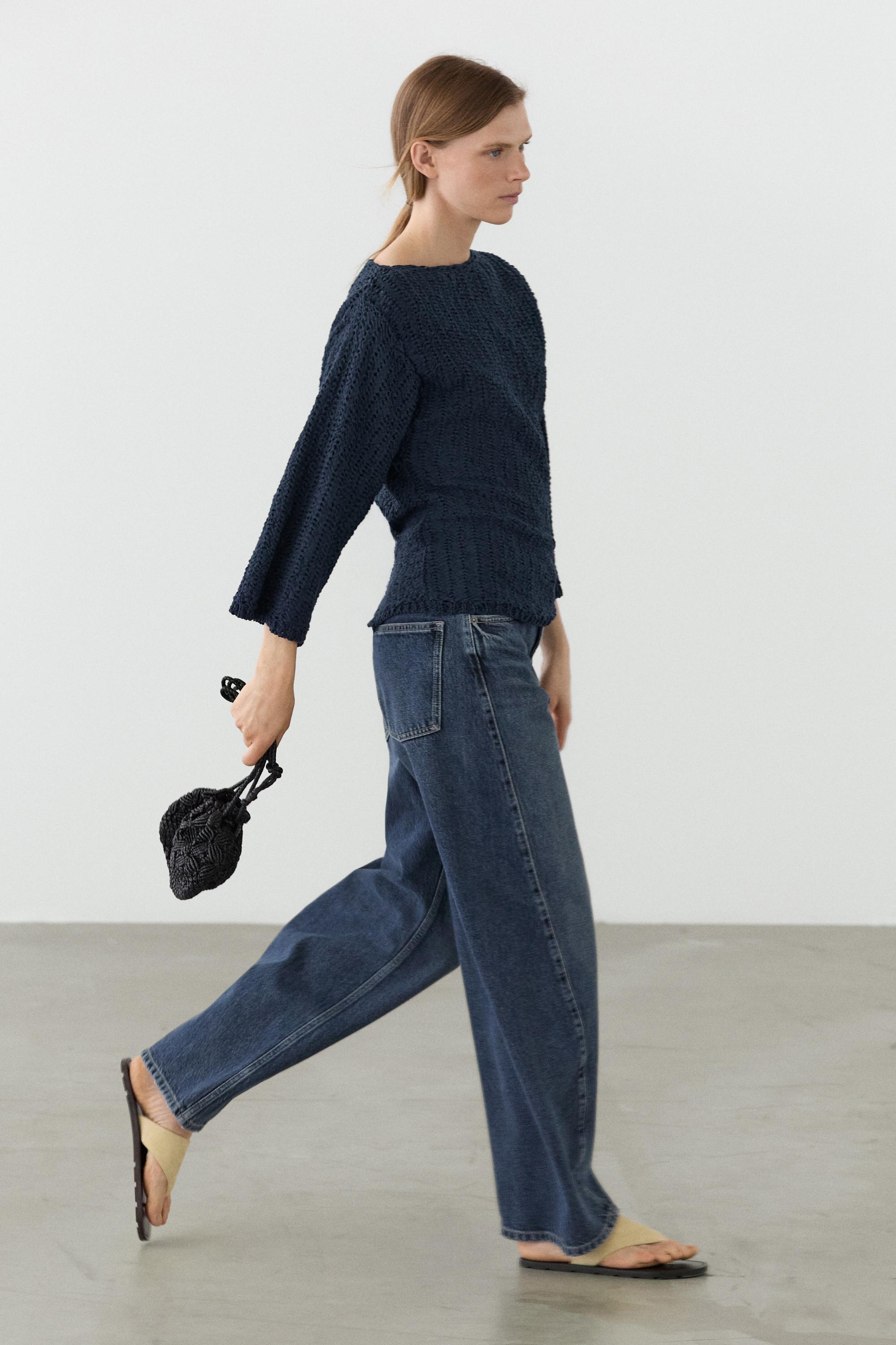 Textured cotton blend knit sweater — NAVY BLUE