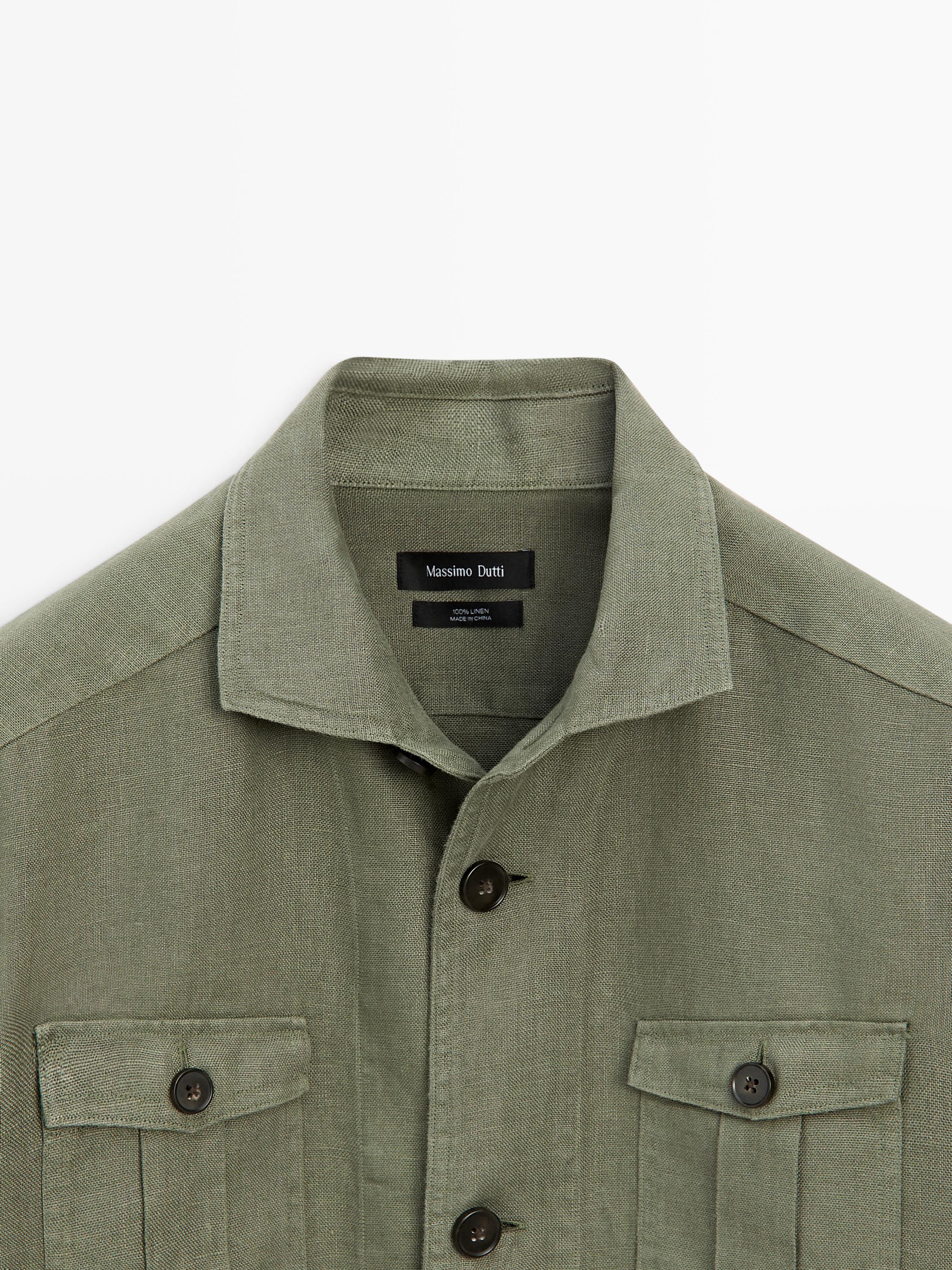 Heavy linen overshirt with pocket details — DARK GREEN