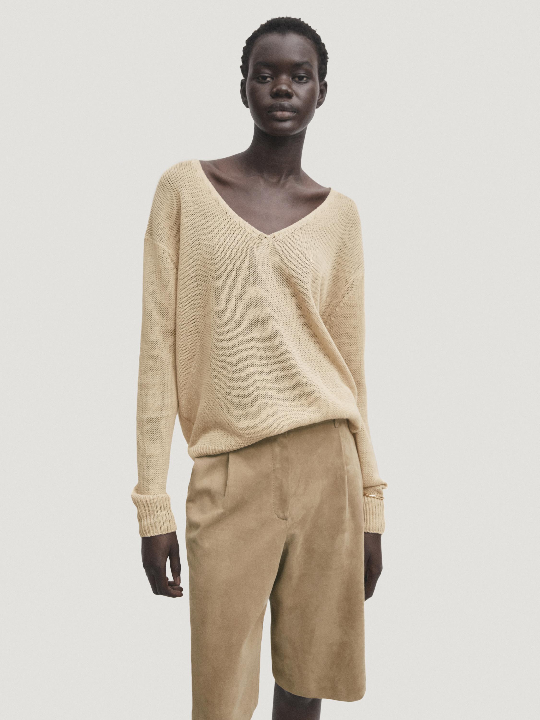 Pull en maille 100 % lin à col en V