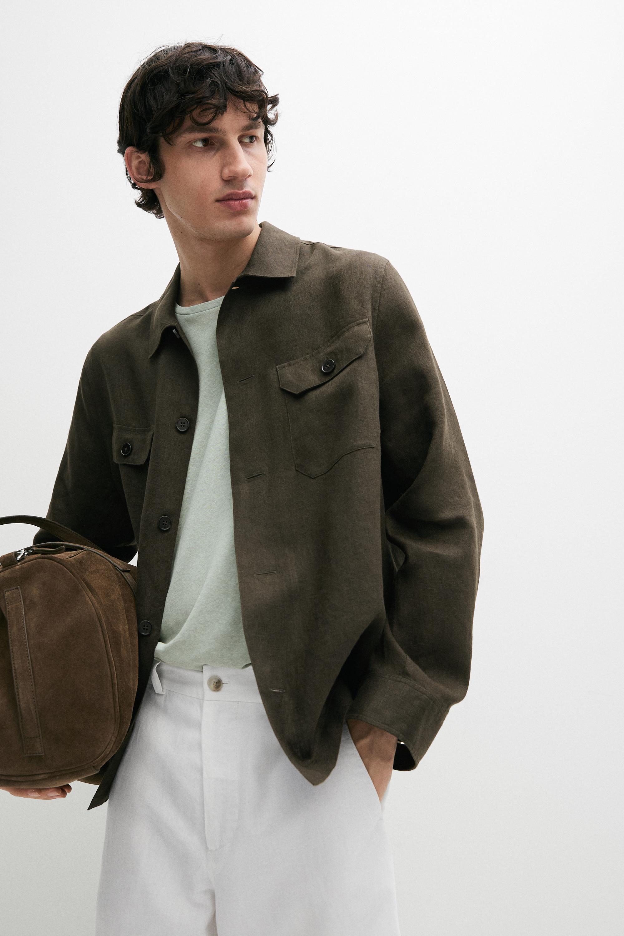 Total look linen overshirt with pockets — DARK GREEN