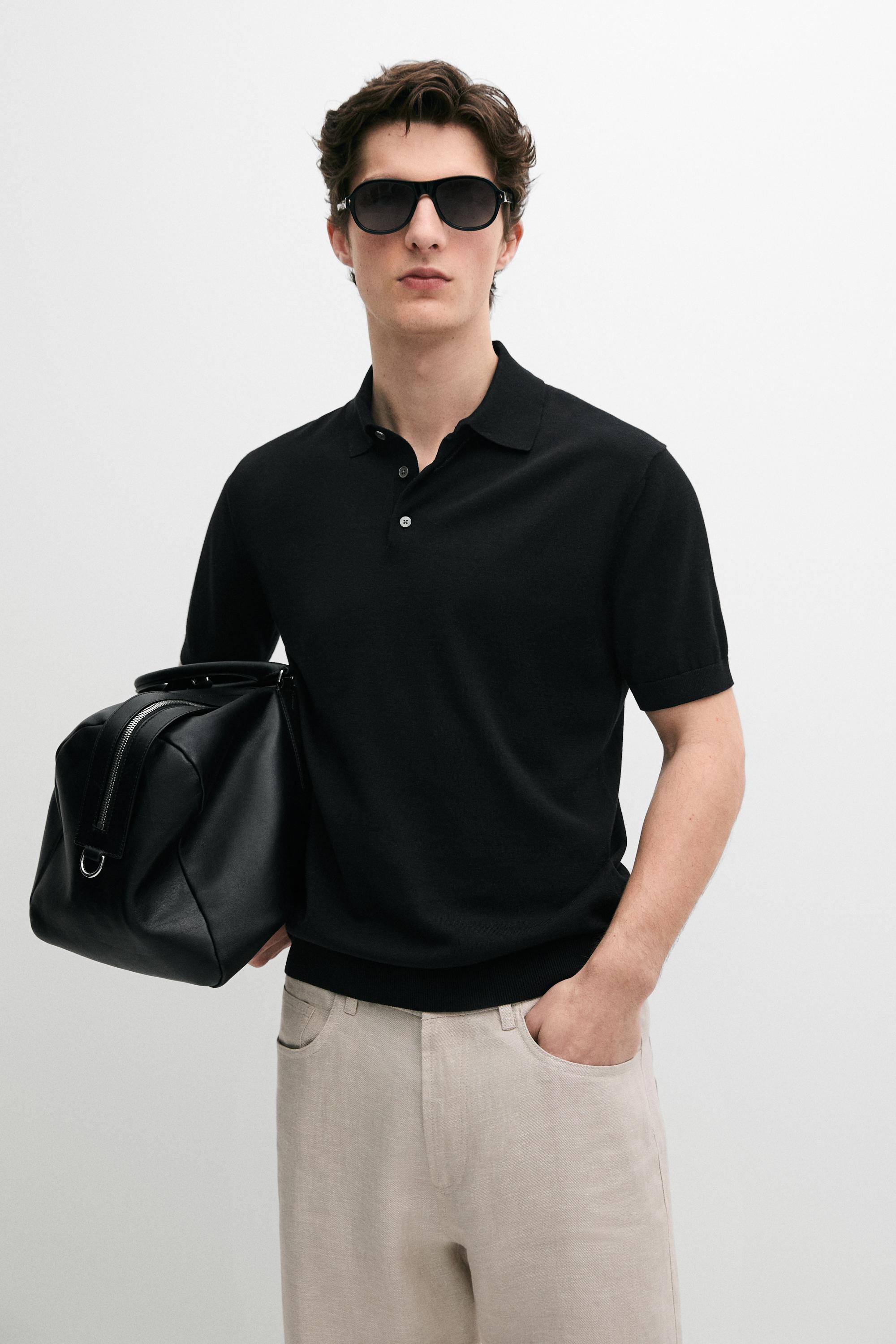 100% cotton knit polo shirt — BLACK