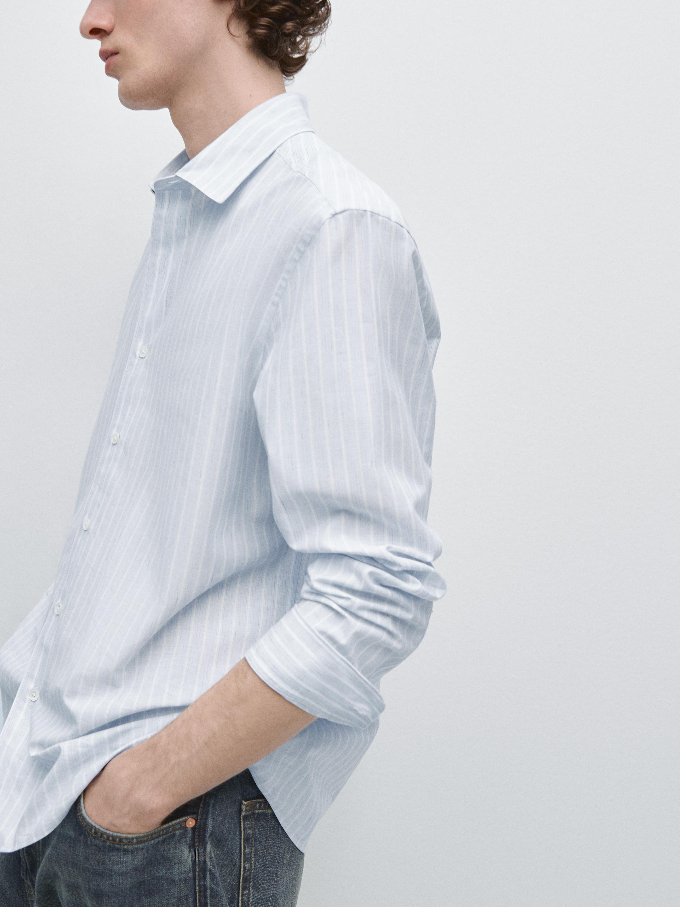 Cotton blend regular fit striped shirt — SKY BLUE