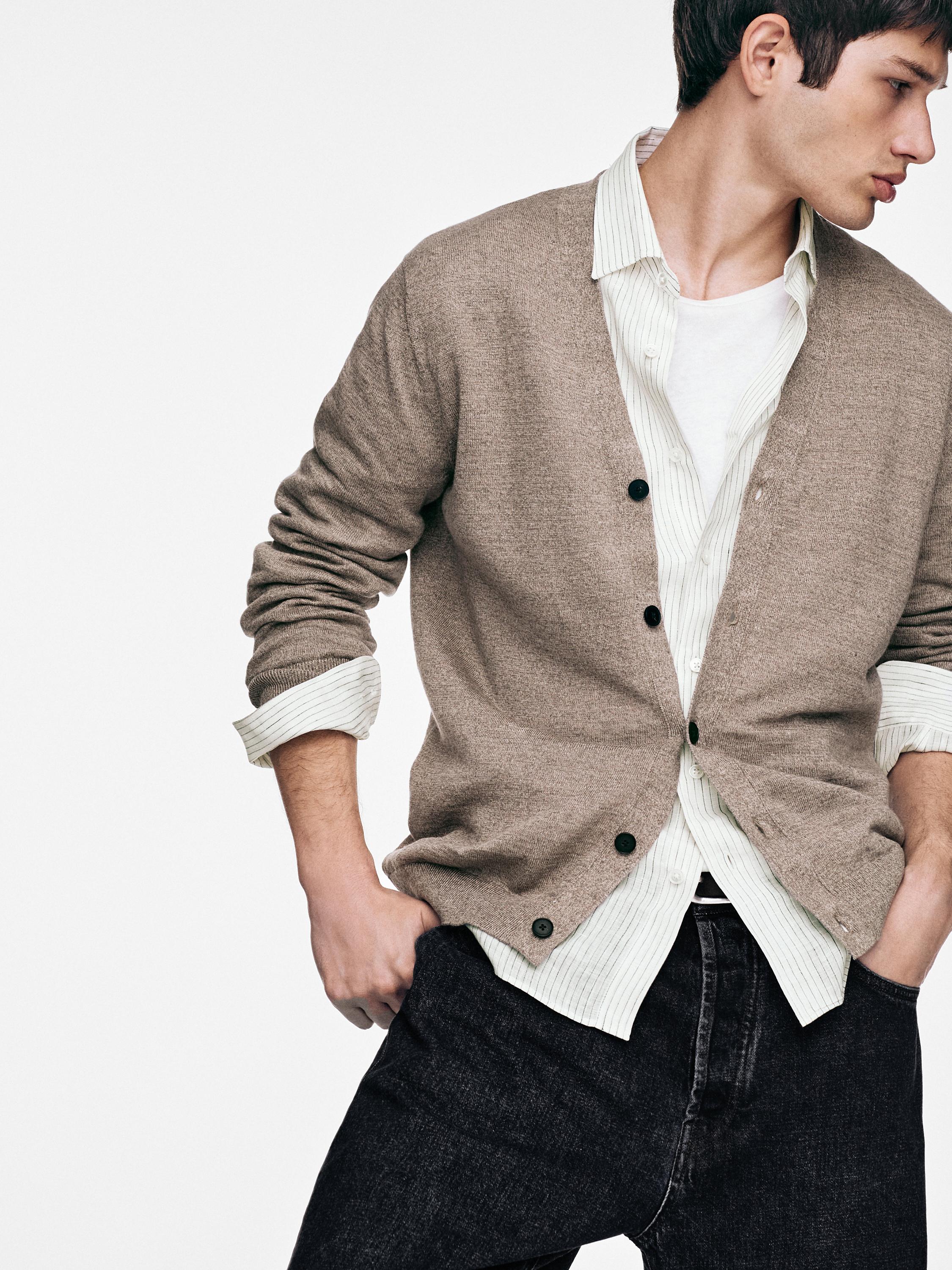 Linen knit cardigan with buttons — SAND BROWN