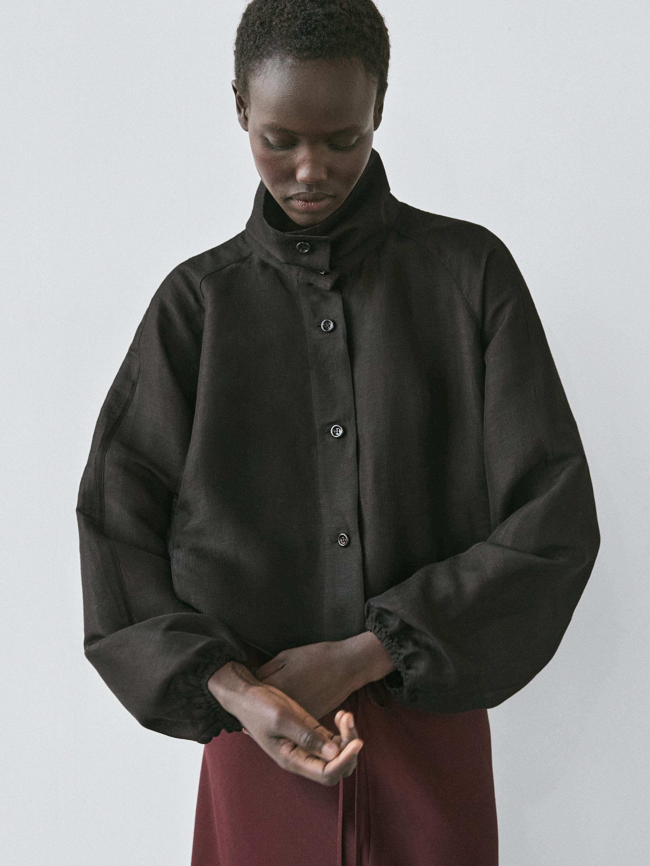 Linen and silk bomber jacket — BLACK