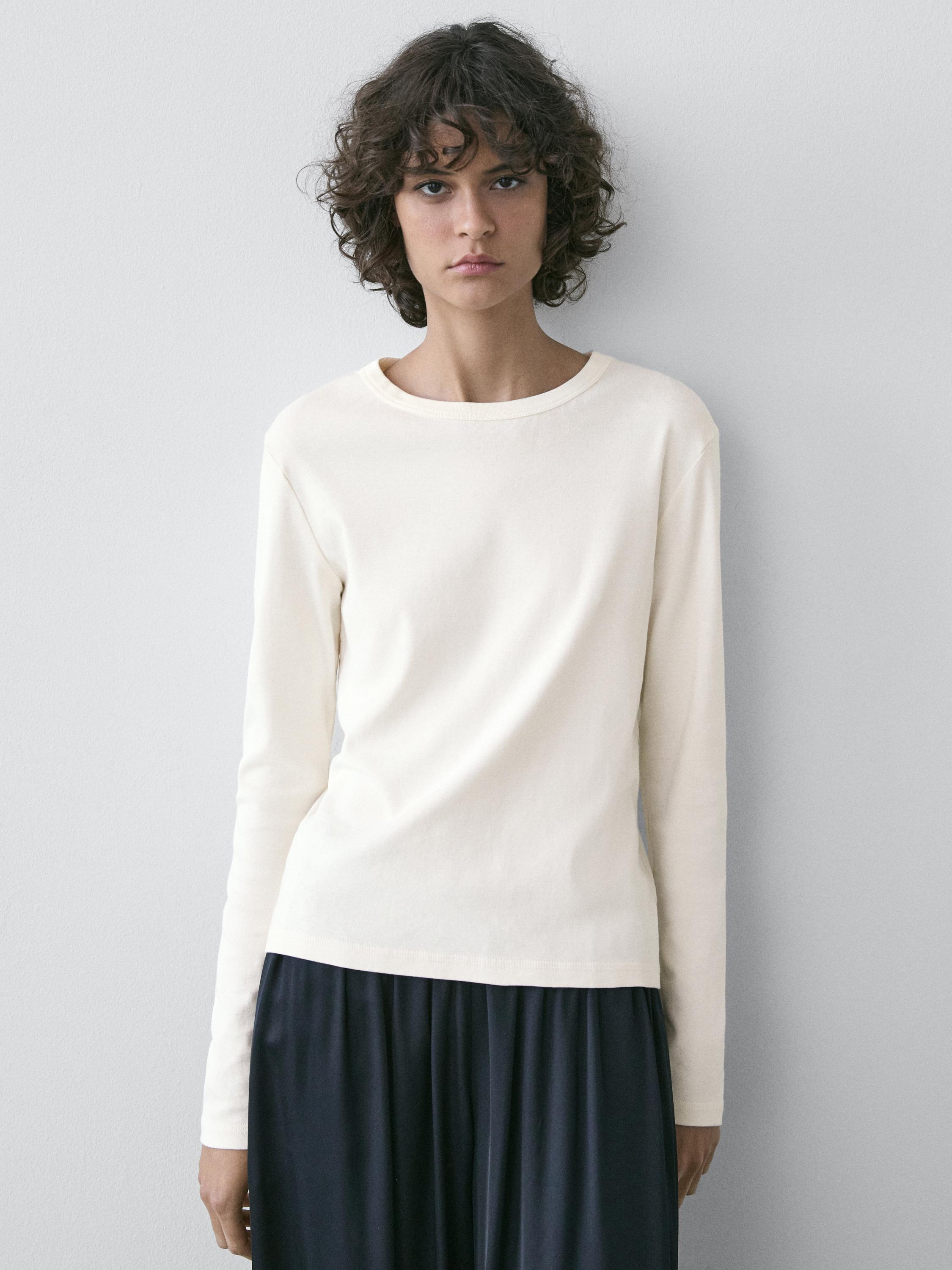 Ribbed long sleeve melange T-shirt — CREAM