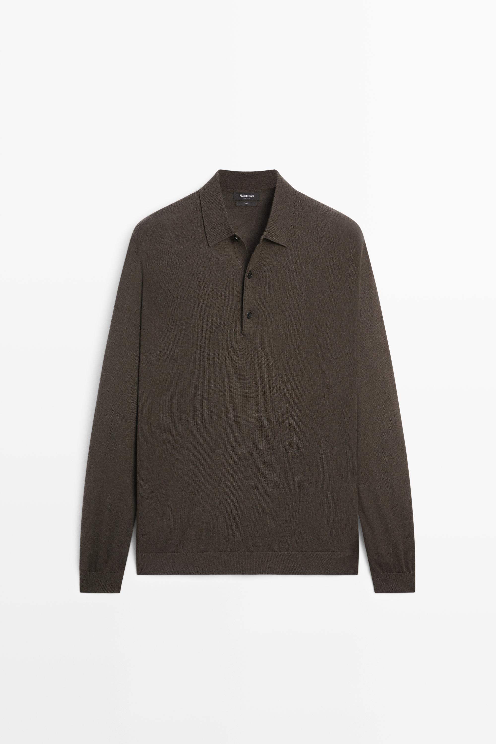 Massimo Dutti 100% Merino Wool Knit Polo Sweater In Brown
