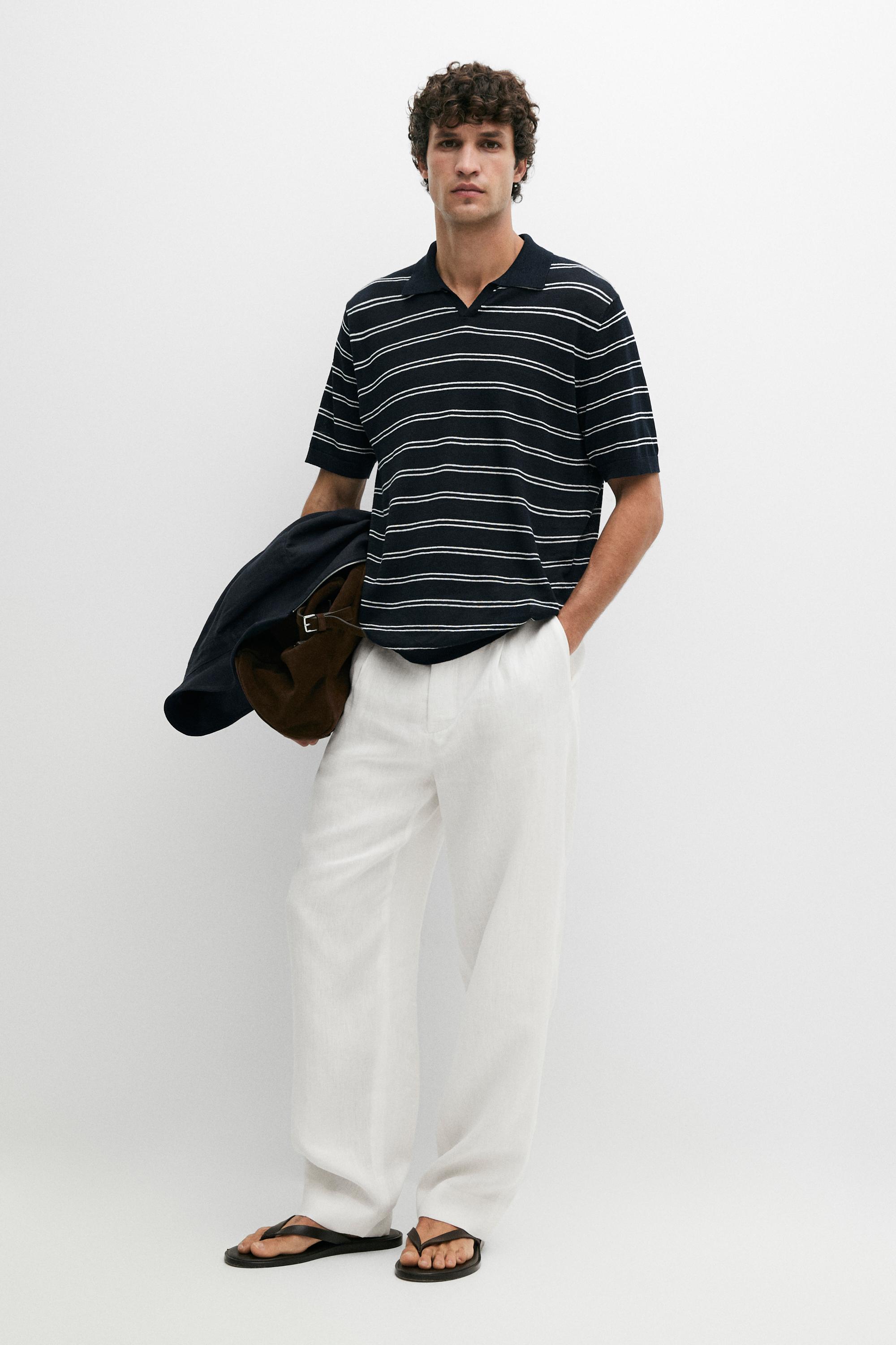 Striped 100% linen V-neck polo shirt — NAVY BLUE