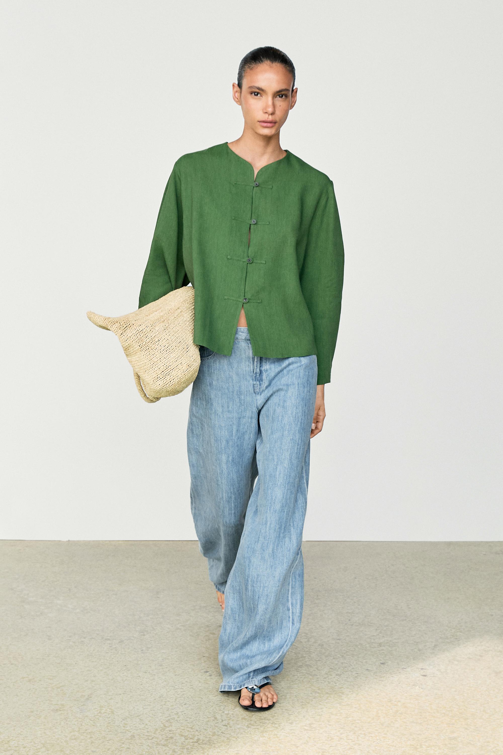 Total look flowing overshirt with button details — BLUISH GREEN