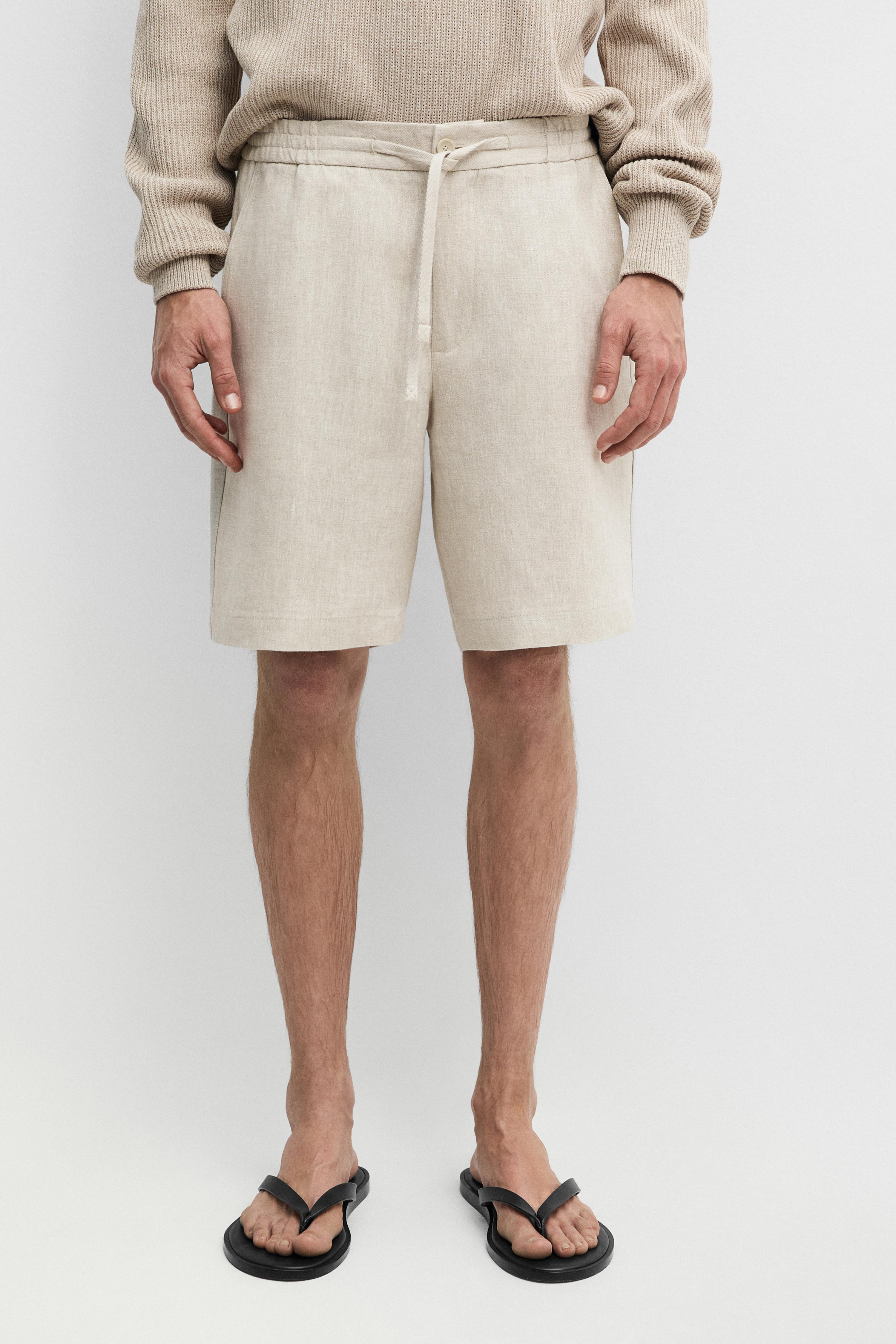 Linen Bermuda shorts with elasticated waistband — CREAM