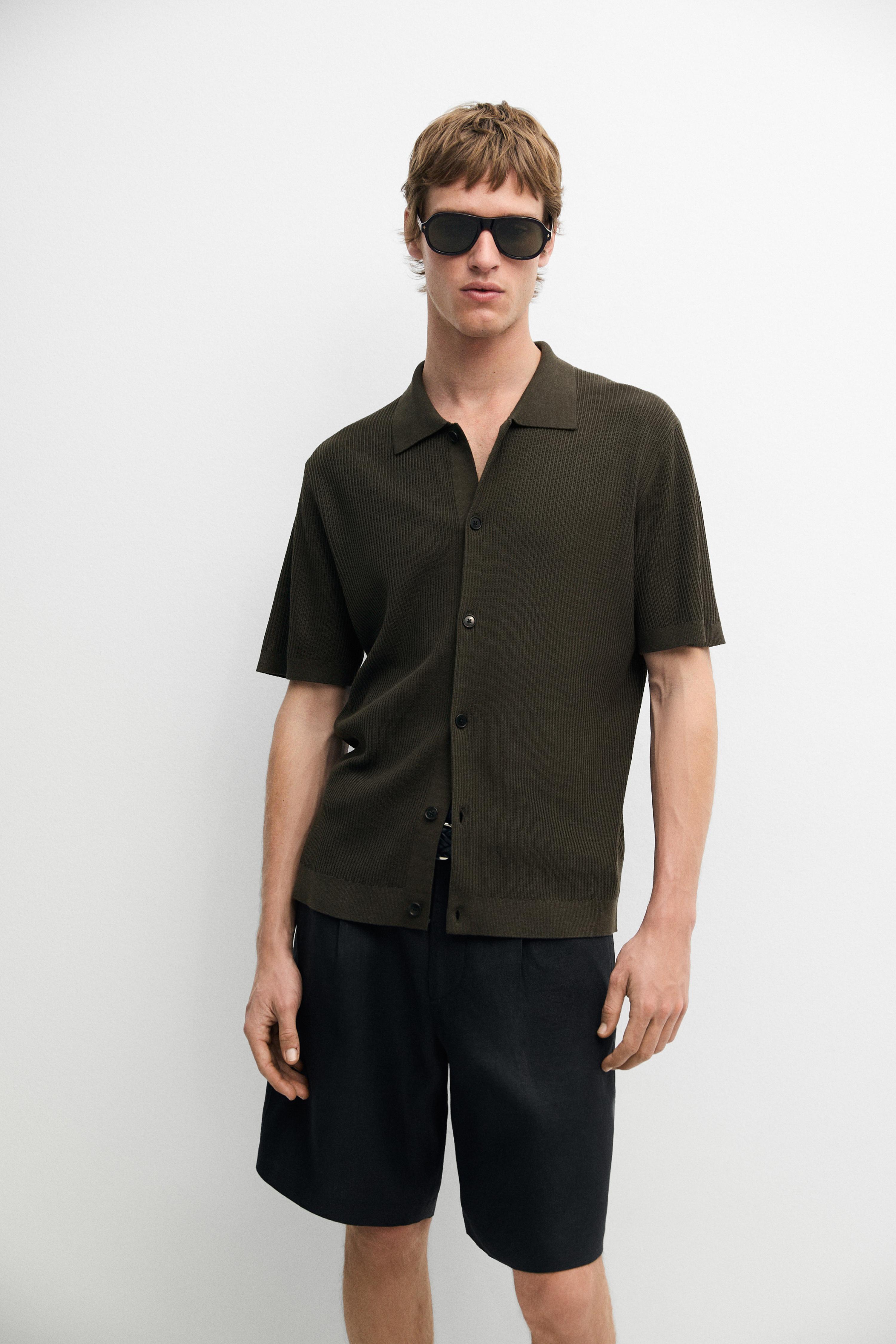 Cotton blend polo shirt with button detail — Greyish green