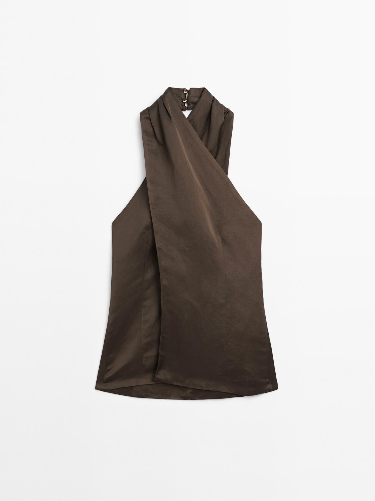Massimo Dutti - Dame - Halterneck-Top I Hørblanding – Studio - Mørkegrøn - M