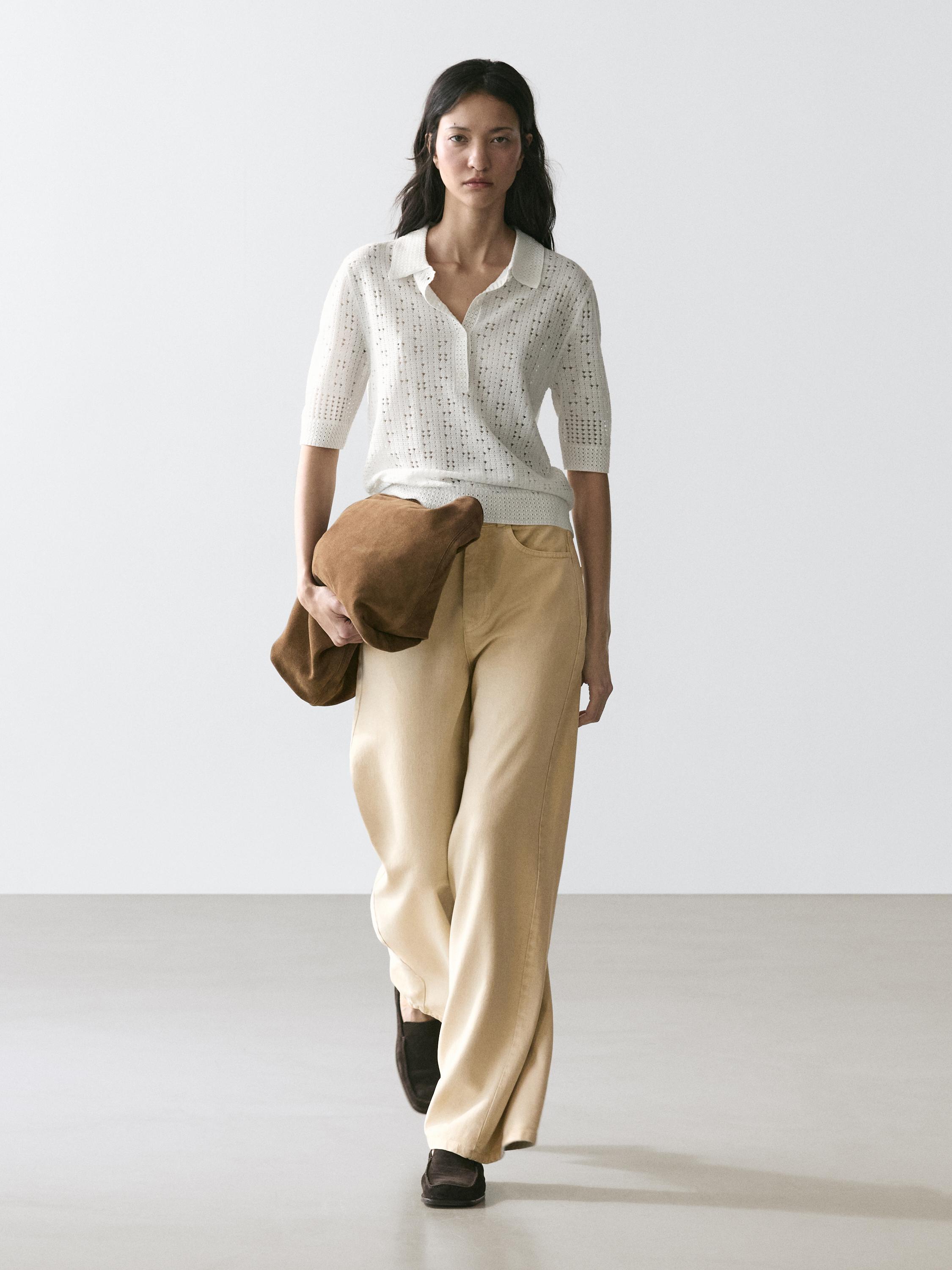 Knit sweater with a polo collar — CREAM