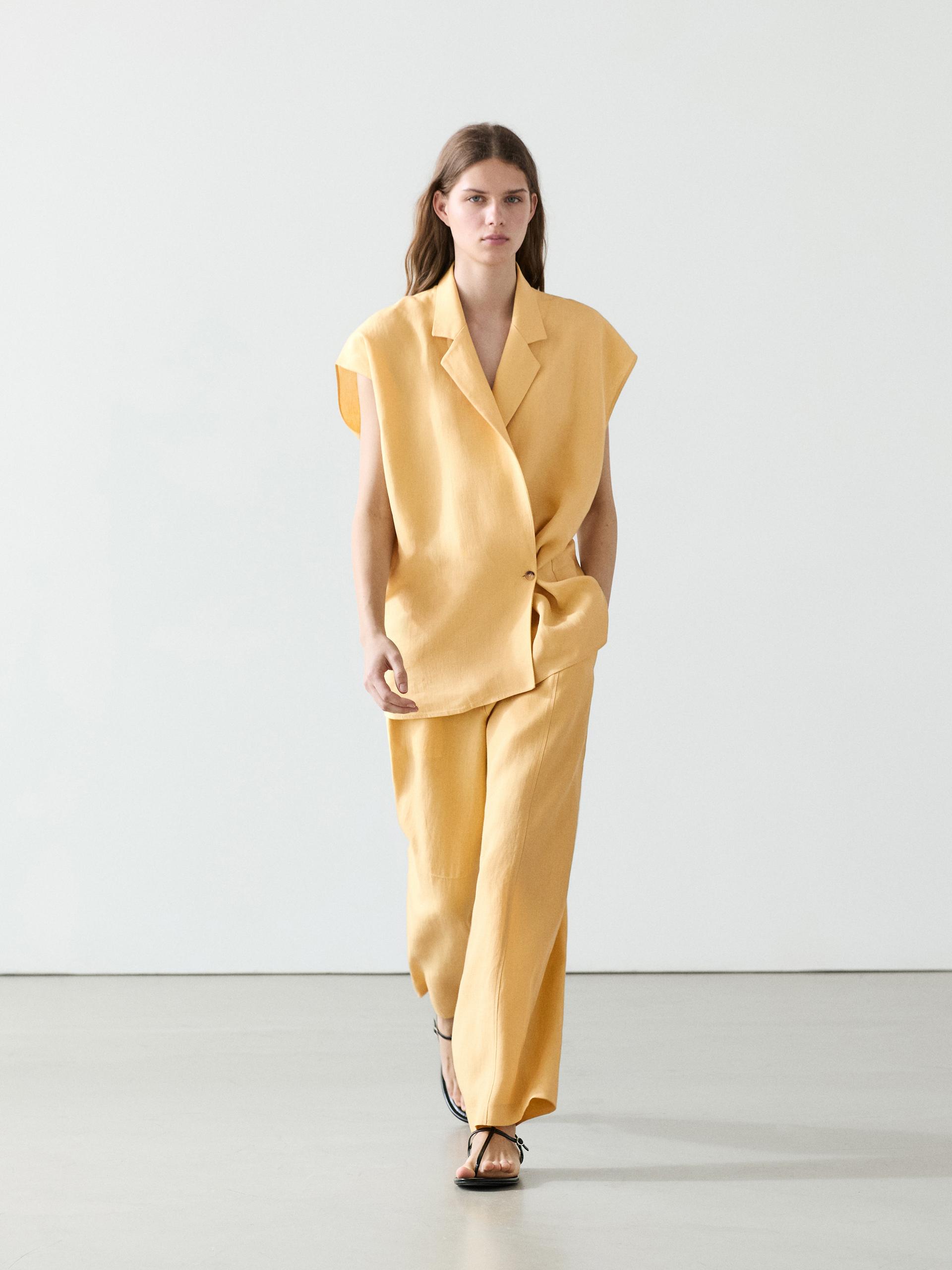 Pantalón Barrel Fit Lino - Amarillo - 34 - Massimo Dutti - Mujer