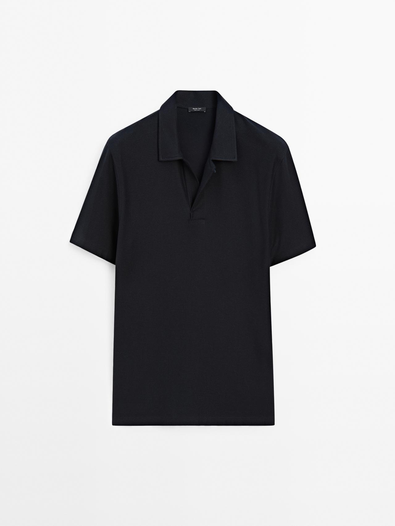 Massimo Dutti - Herre - Strukturvævet Poloshirt Med Skjult Knap - Marineblå - S