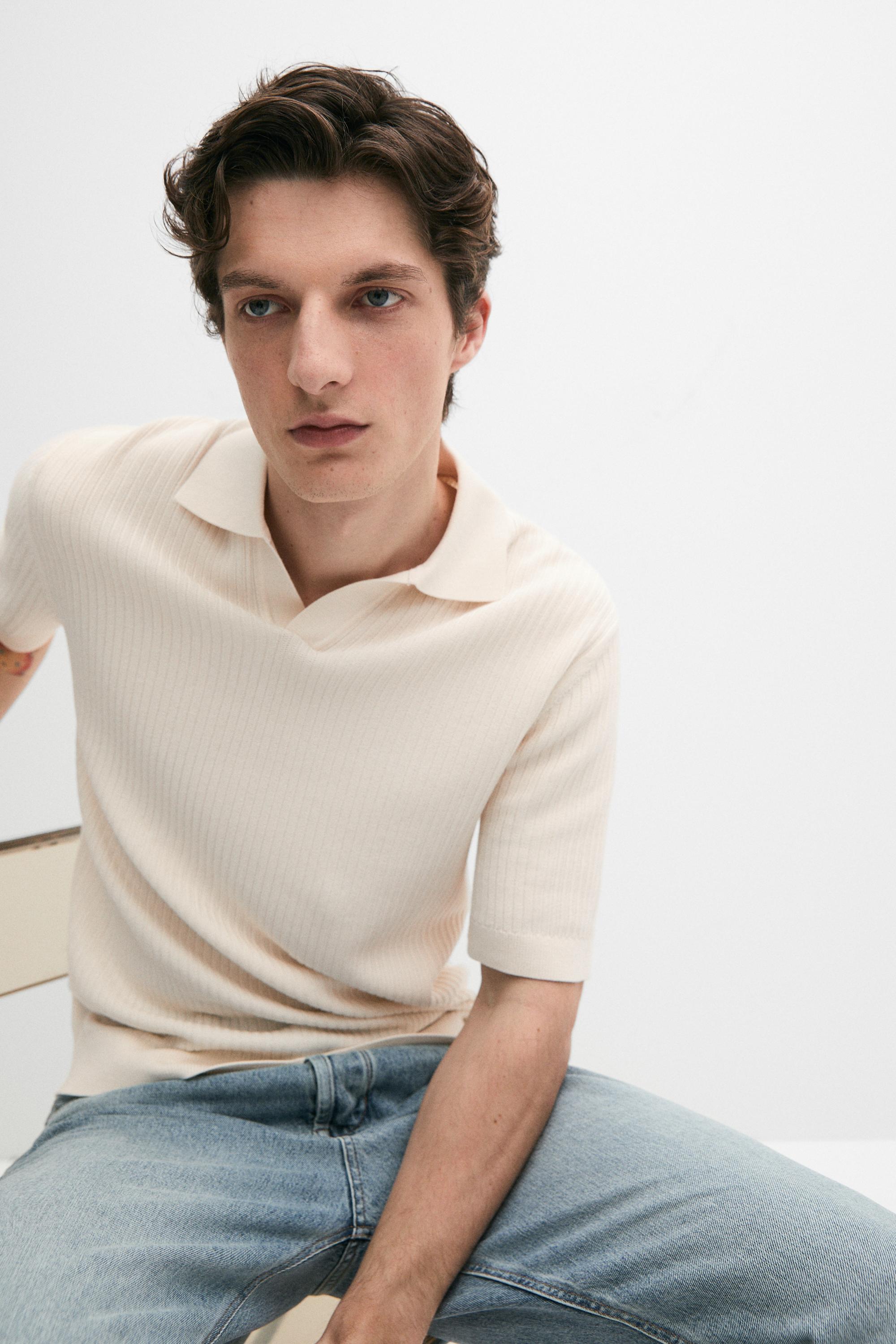 Regular fit cotton knit polo shirt — CREAM