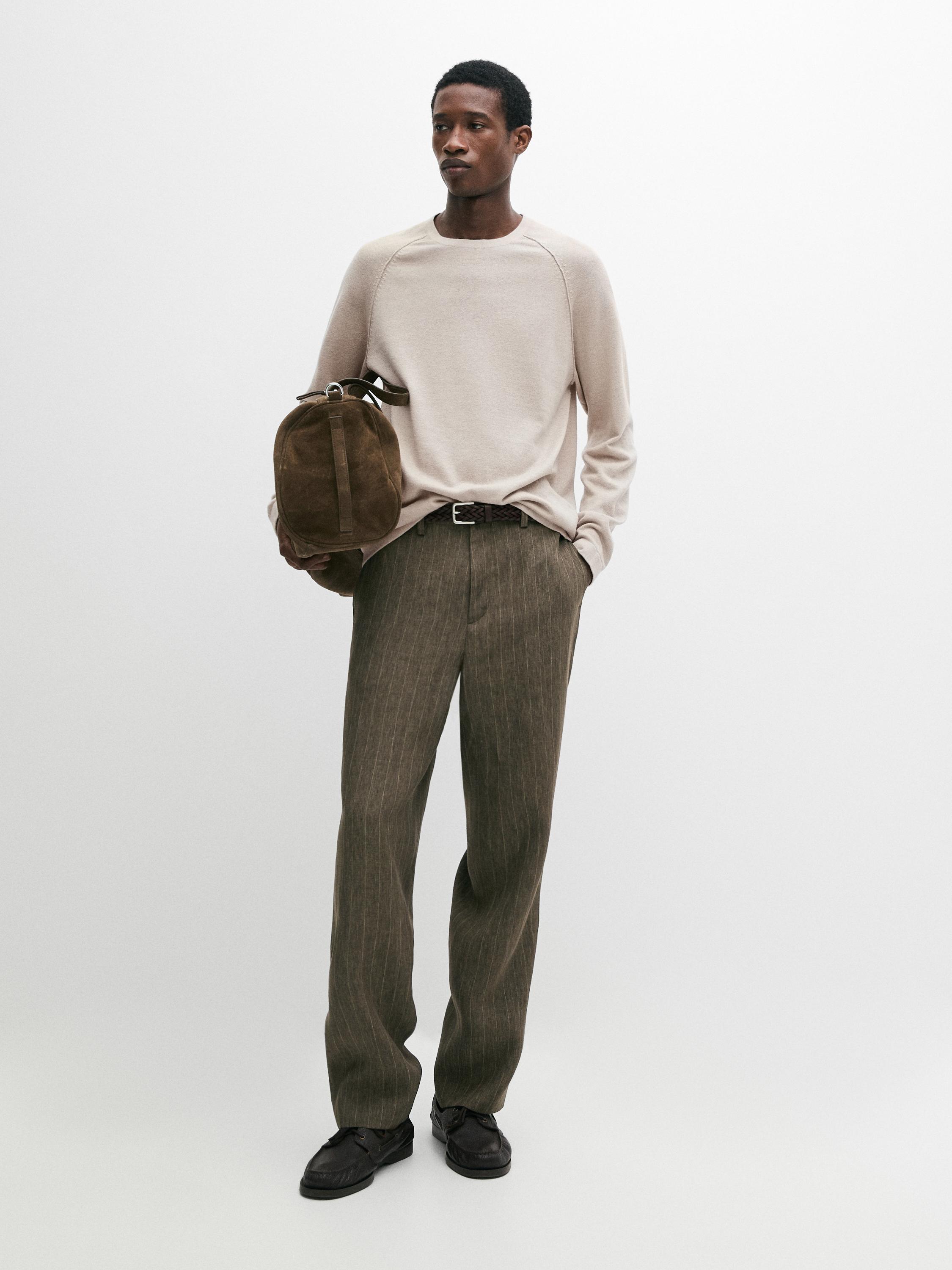 Linen blend knit crew neck sweater — BEIGE