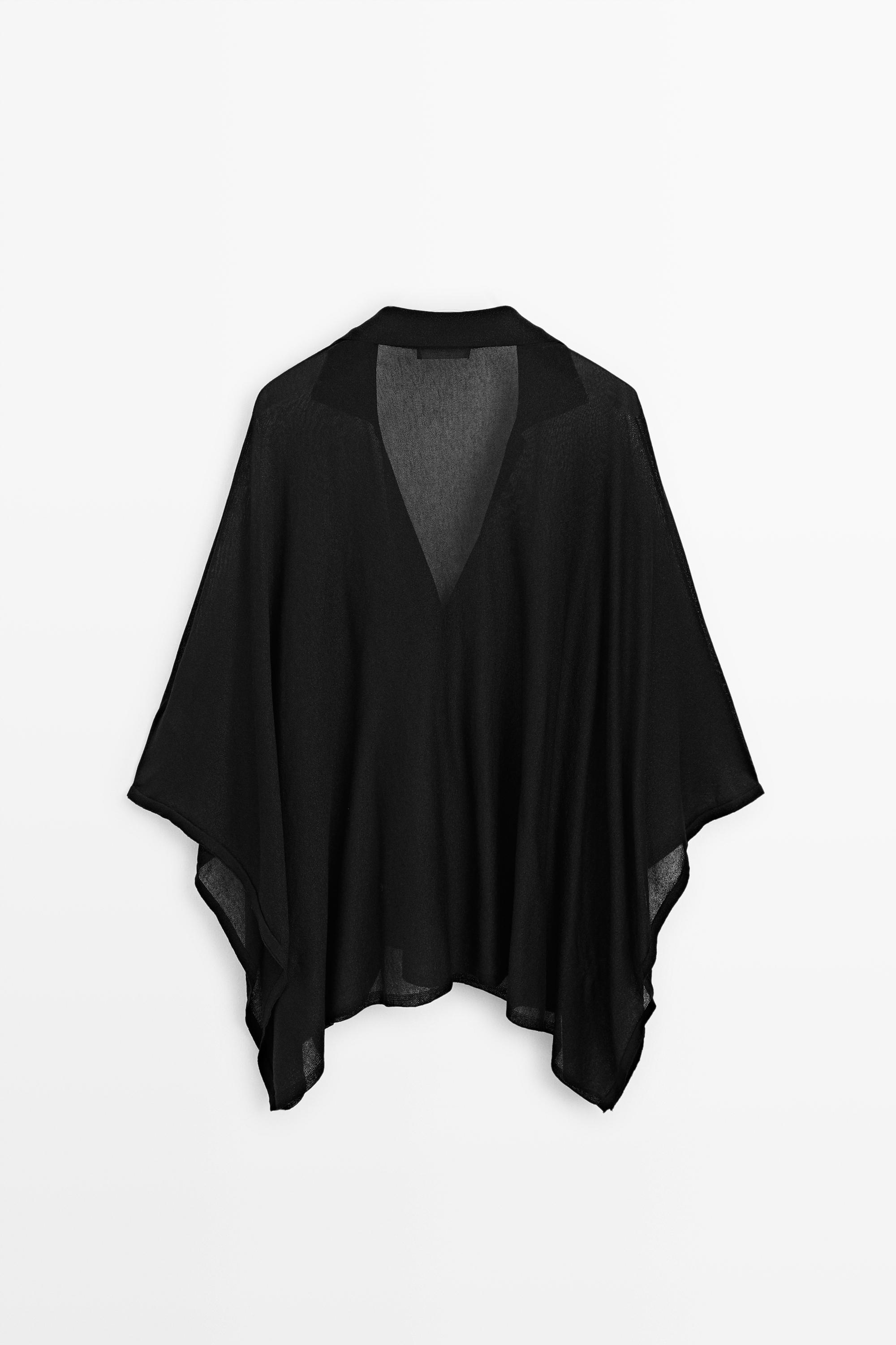 Metallic detail polo collar flowing cape — BLACK