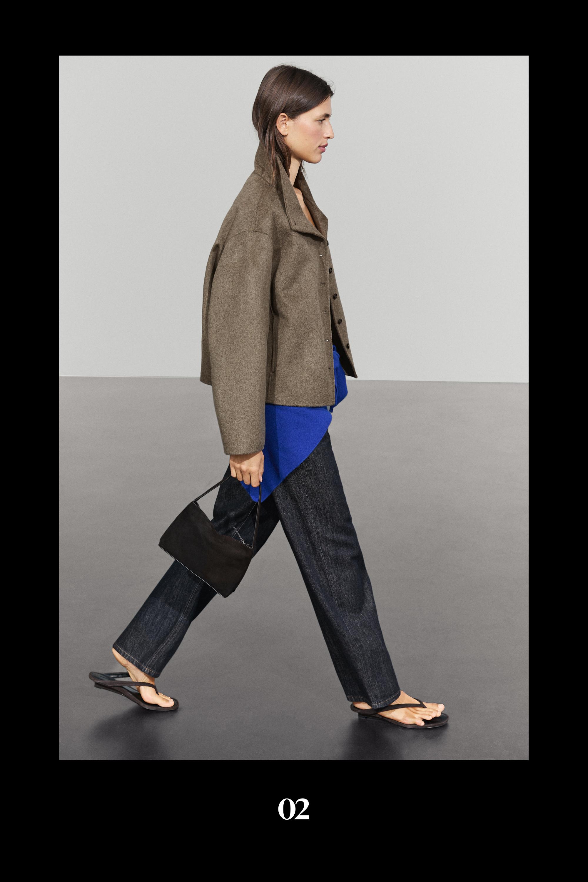 Wool blend stand collar jacket — BROWN