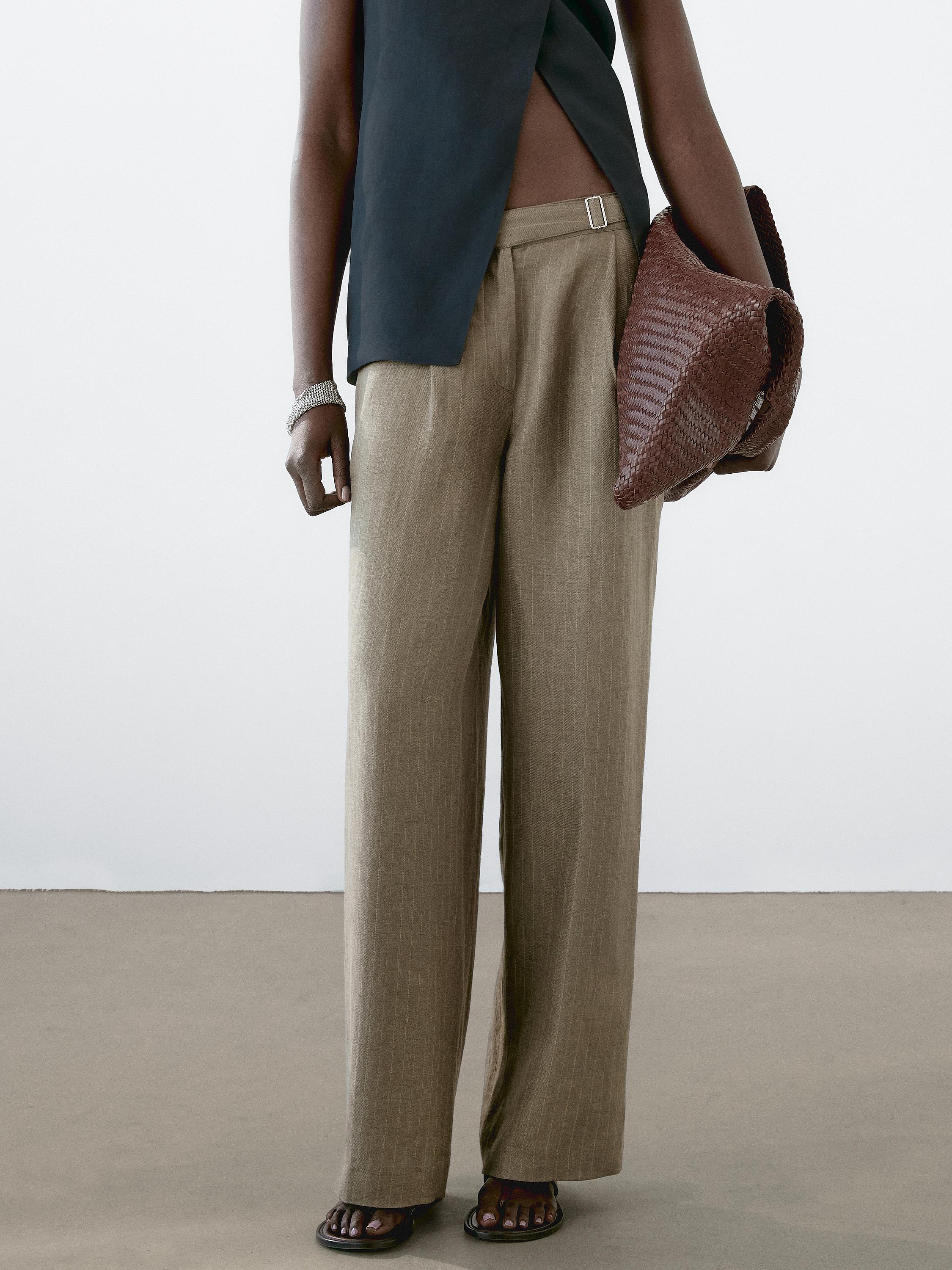 100% linen striped trousers with buckle detail