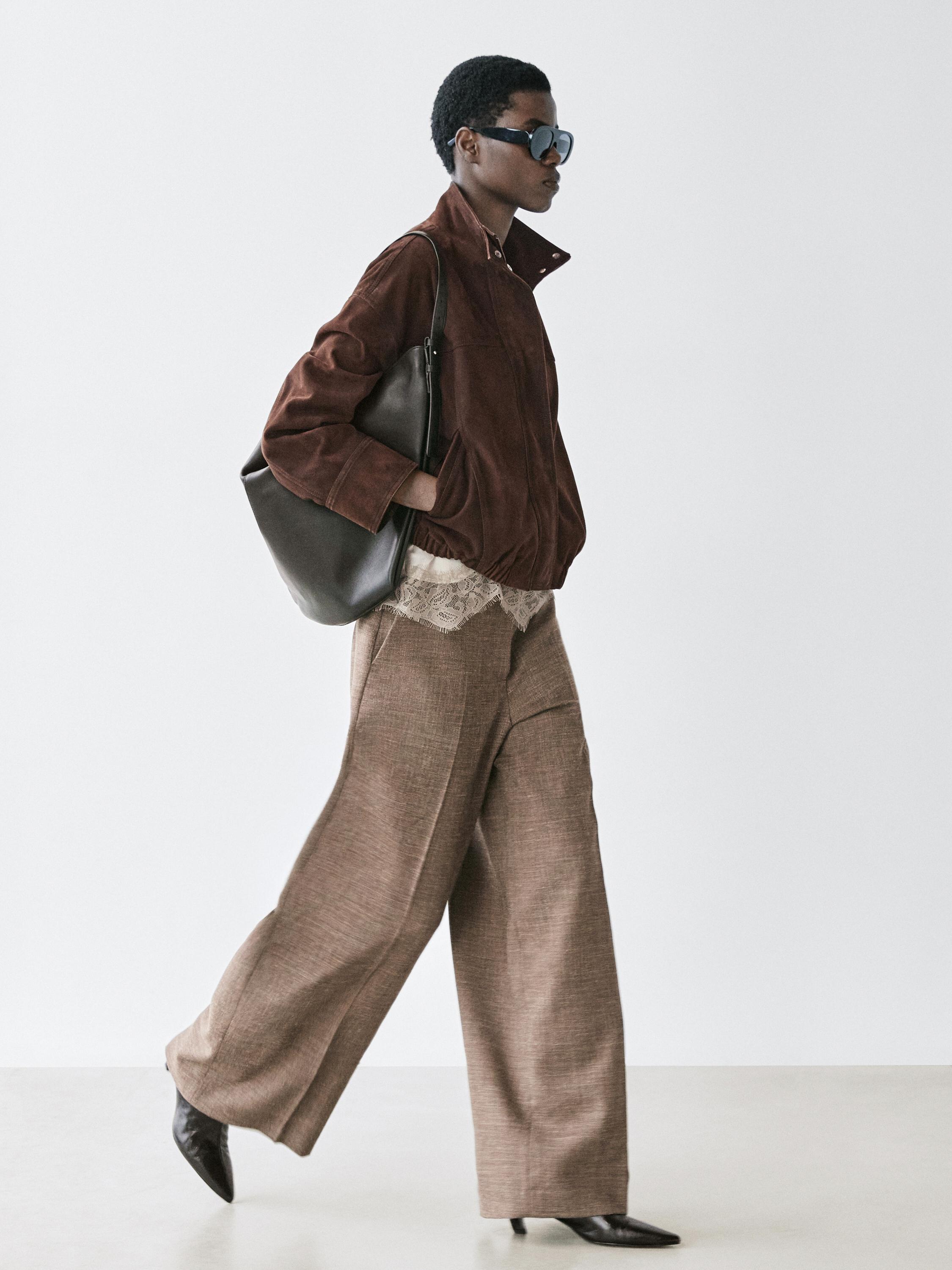 Wide-leg voluminous wool blend trousers — TAUPE GREY