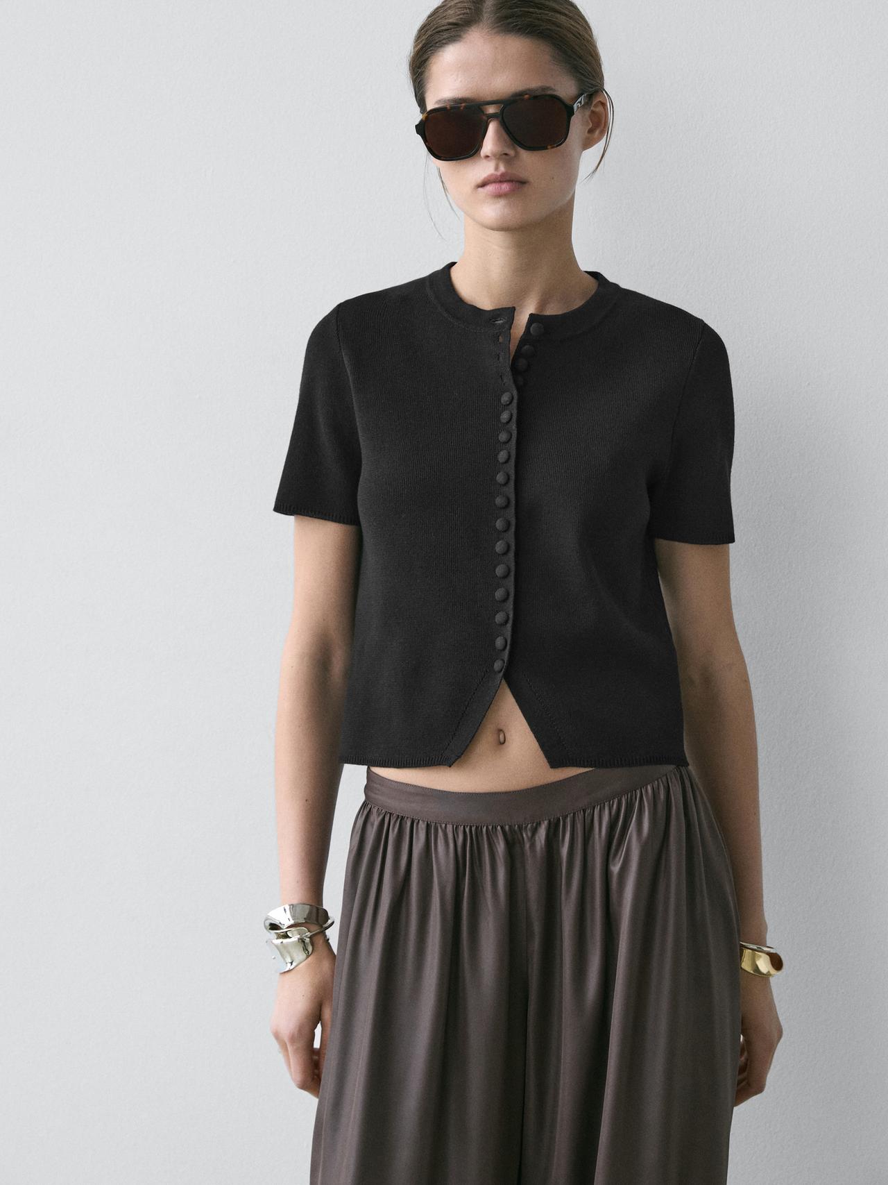 Cotton short sleeve knit cardigan — BLACK