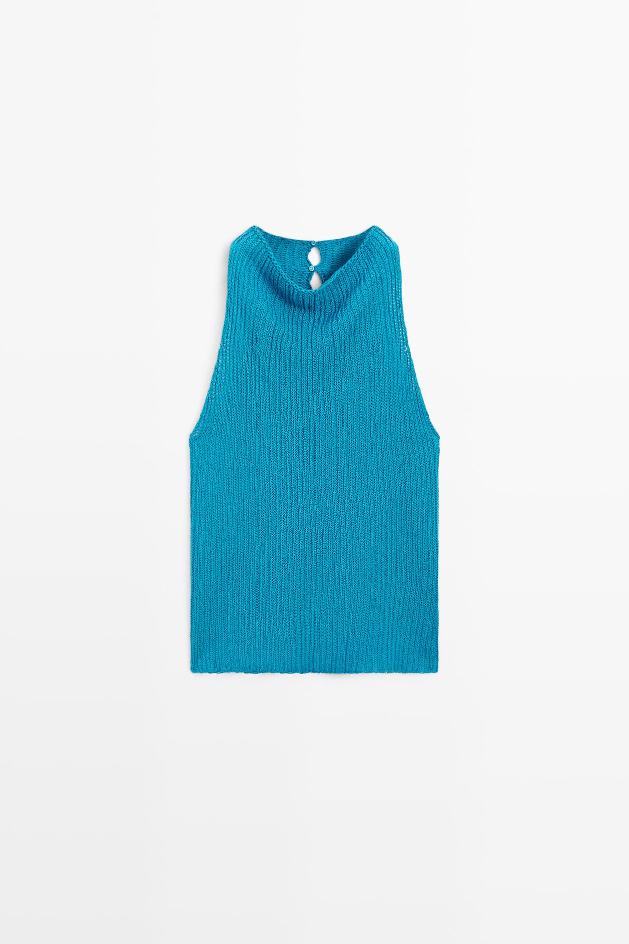 Linen blend knit button-detail top — TURQUOISE